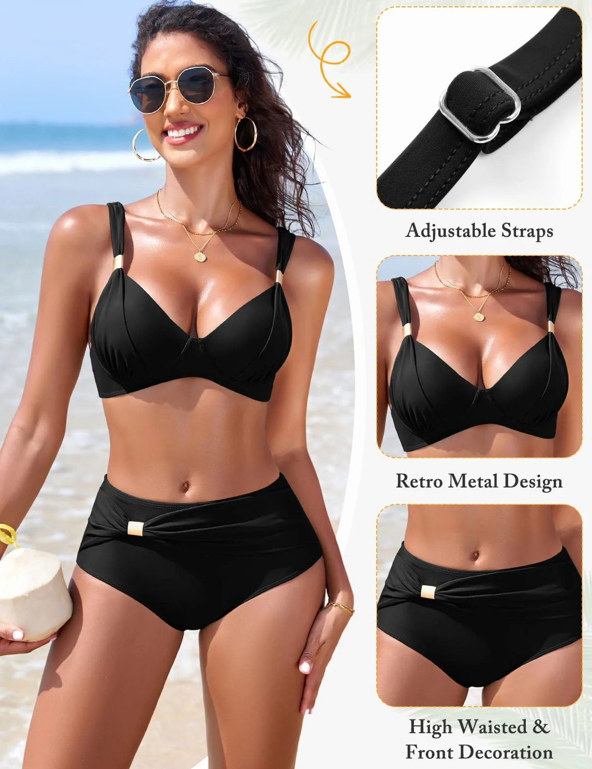 Bikini Mujer Cintura Alta Diseño Envolvente Tirantes Ajustables Top con Aro Extraíble Bañador Playa