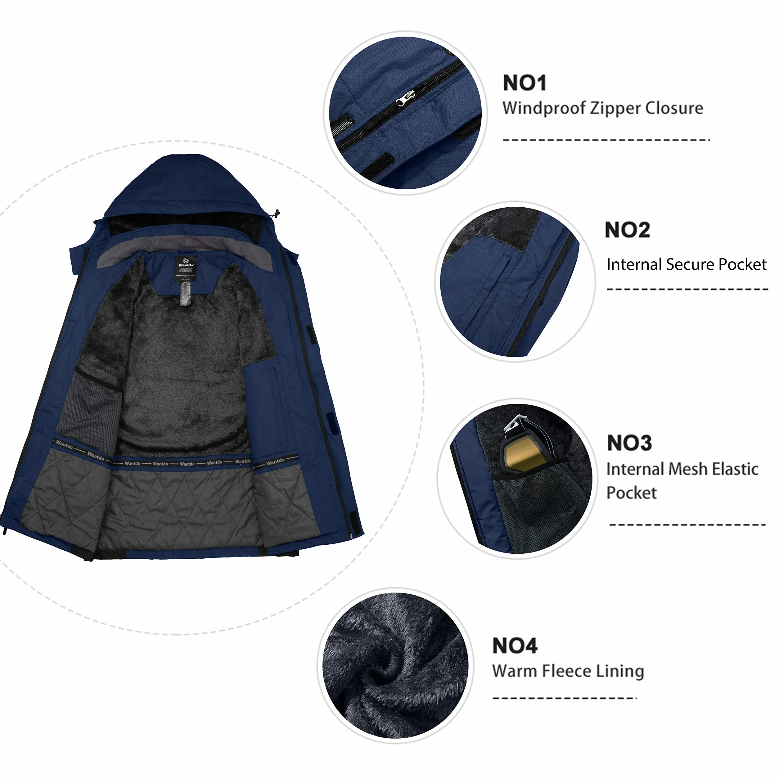 Wantdo Chaqueta de Esquí Impermeable Montaña Aislada con Vellón Cálida Invierno Snowboard Parka Nieve Capucha Hombre Azul Oscuro Large