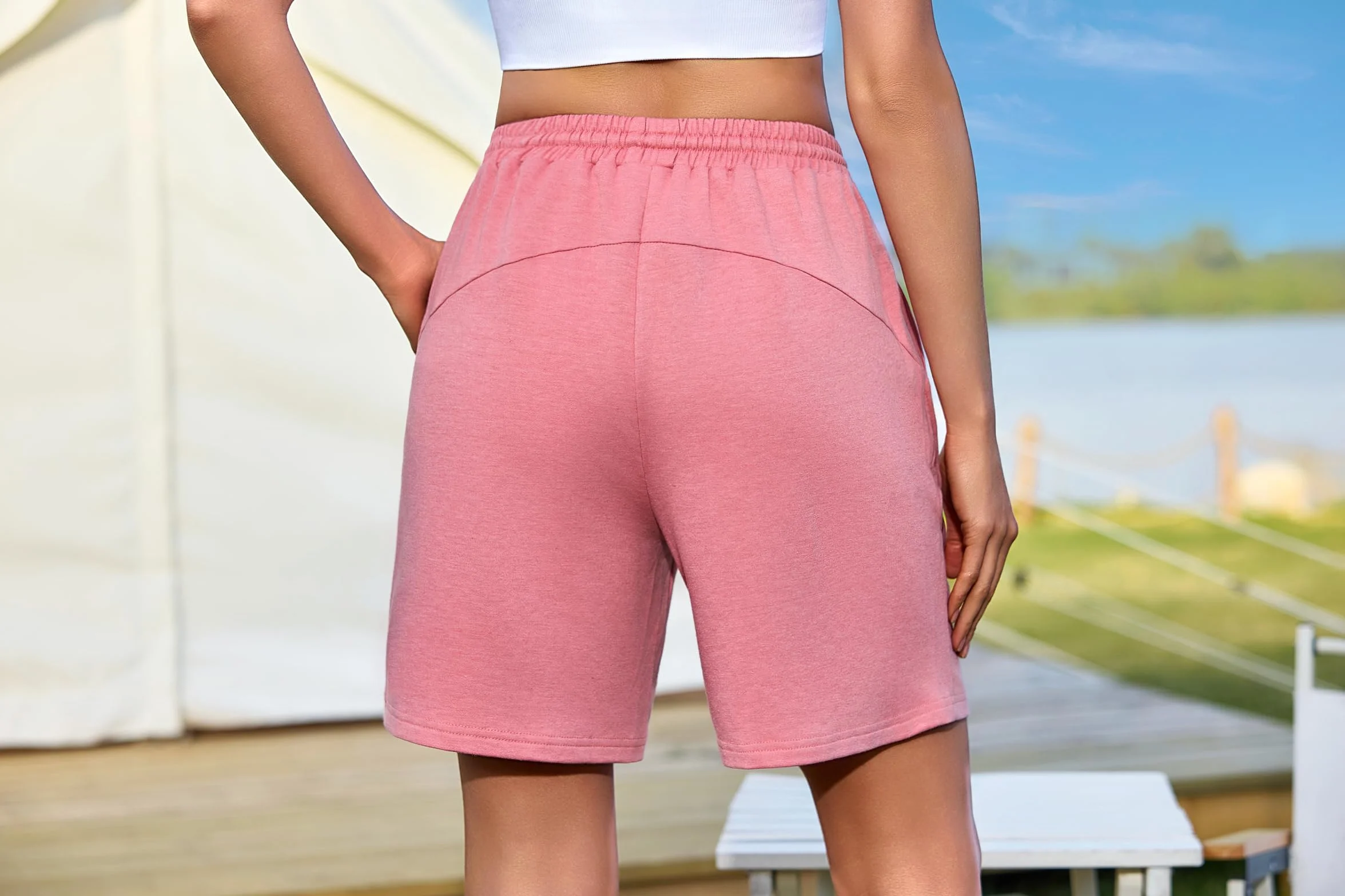 Litherday Pantalones Cortos Mujer Algodón Cintura Alta Ajustable con Bolsillos Deportivos Fitness Yoga Running S-XXL