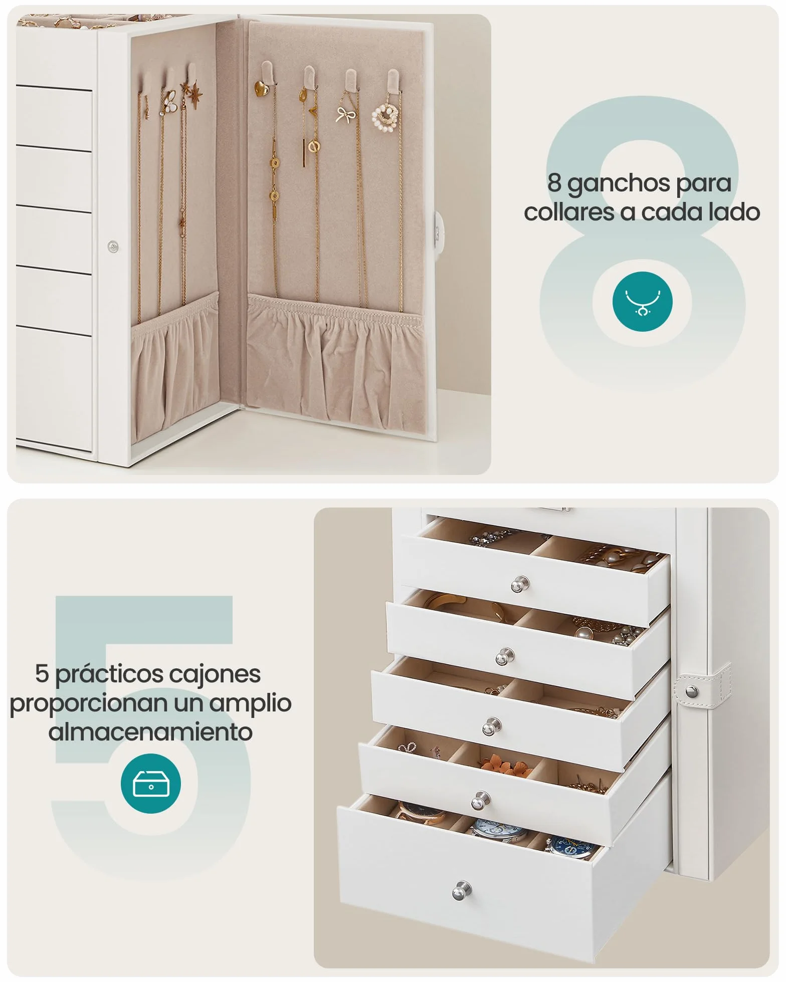 SONGMICS Caja Joyero de 6 Niveles, 5 Cajones, con Espejo y Cerradura, Blanco JBC152W01
