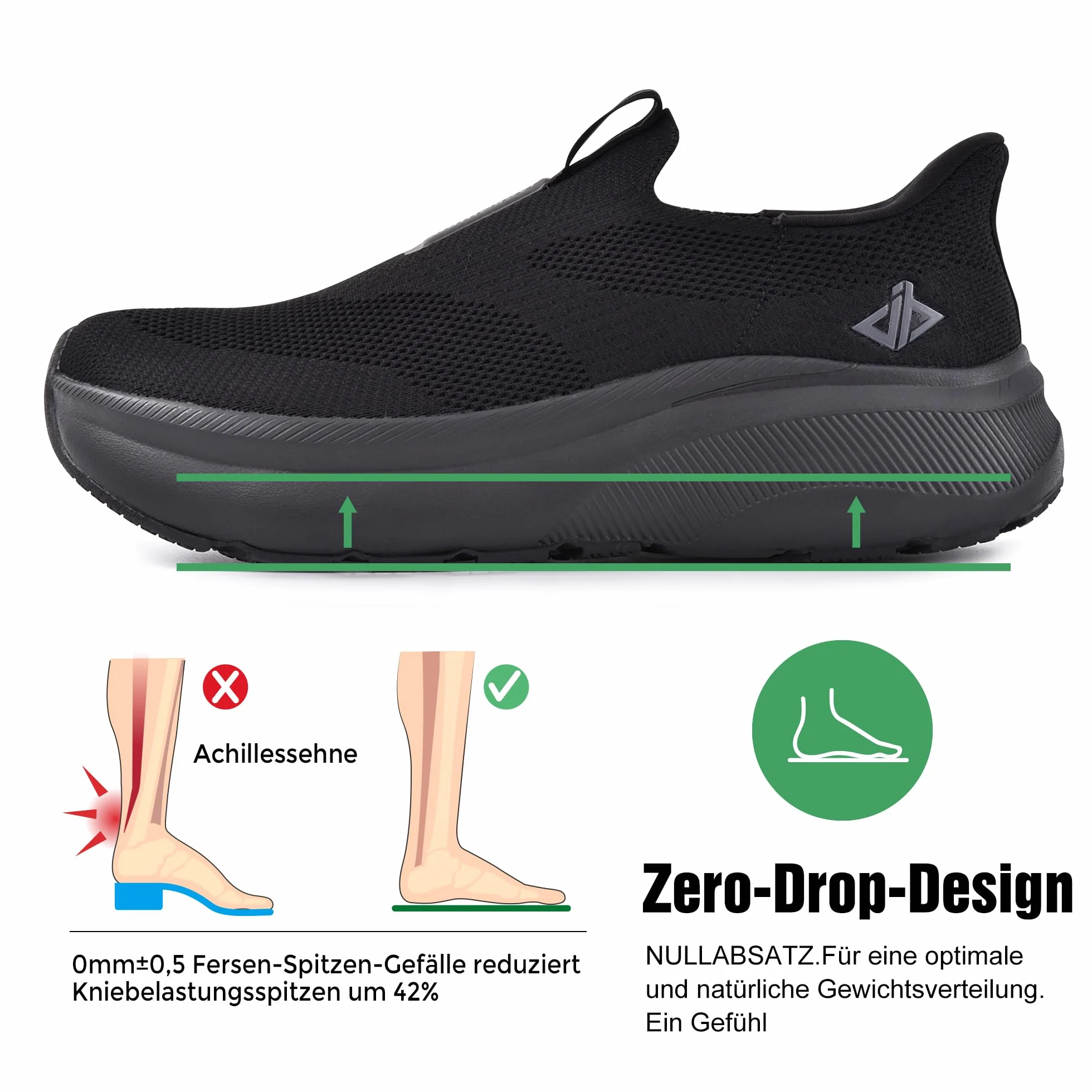 JACKSHIBO Slip on Sneakers Orthopädische Schuhe Memory Foam Walking Schuhe mit weite Zehenbox Nullabsatz Sohlen, Negro, 45 EU
