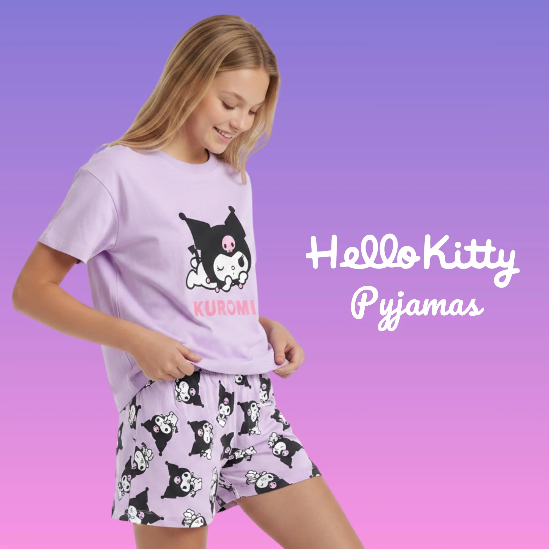 Hello Kitty Kuromi Camiseta y Pantalon para Niña, Pijama Conjunto 2 Piezas Camiseta Manga Corta y Pantalon Corto, Tallas 8 a 14 Años