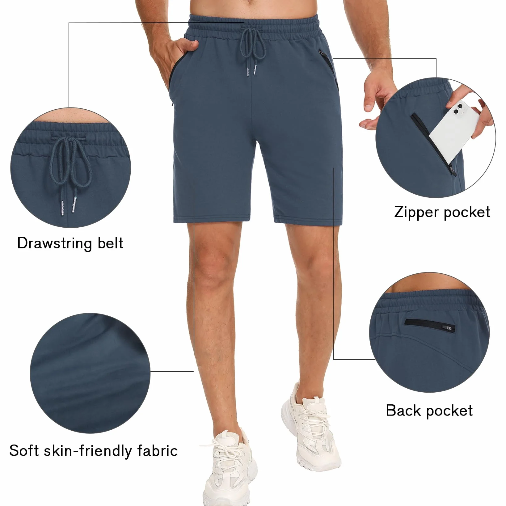Pantalones Cortos Deportivos Hombre Algodón Bermuda Shorts Cremallera Running Fútbol