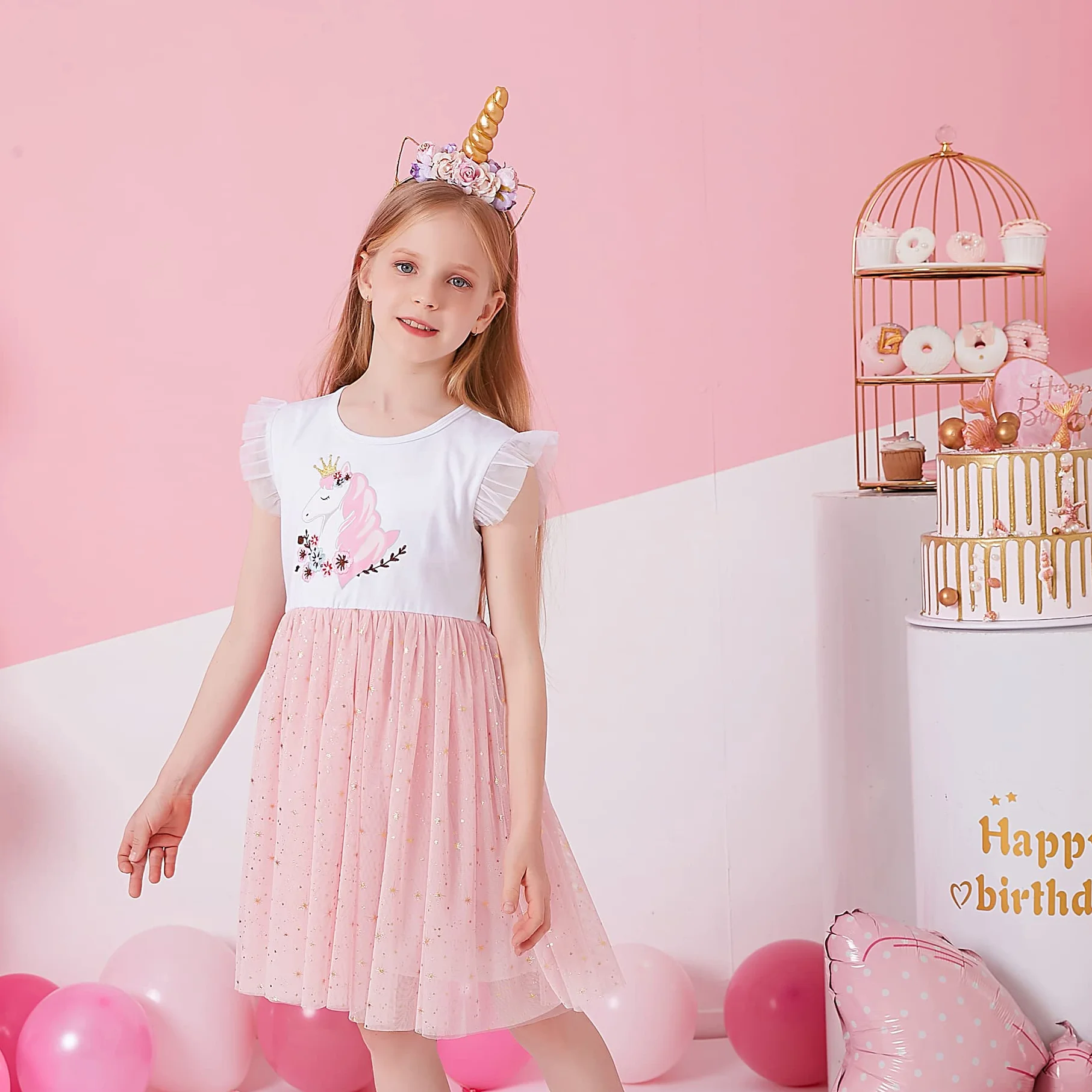 Vestido Tutu Algodón Tulle Manga Larga Mariposa Unicornio Niñas 2-8 Años