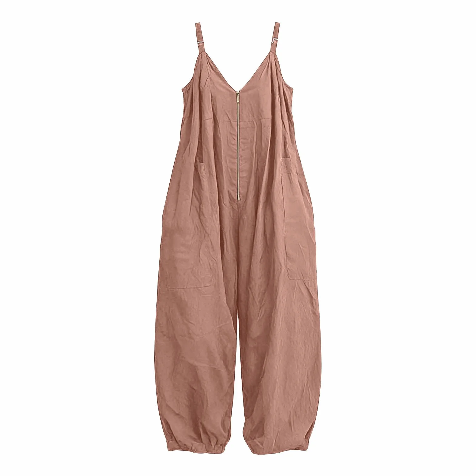 Monos Largo de Cuello en V con Media Cremallera para Mujer Sueltos Casual Overol de Pinerna Ancha con Bolsillos Cómodo Mameluco Sin Mangas Baggy Jumpsuit Playa