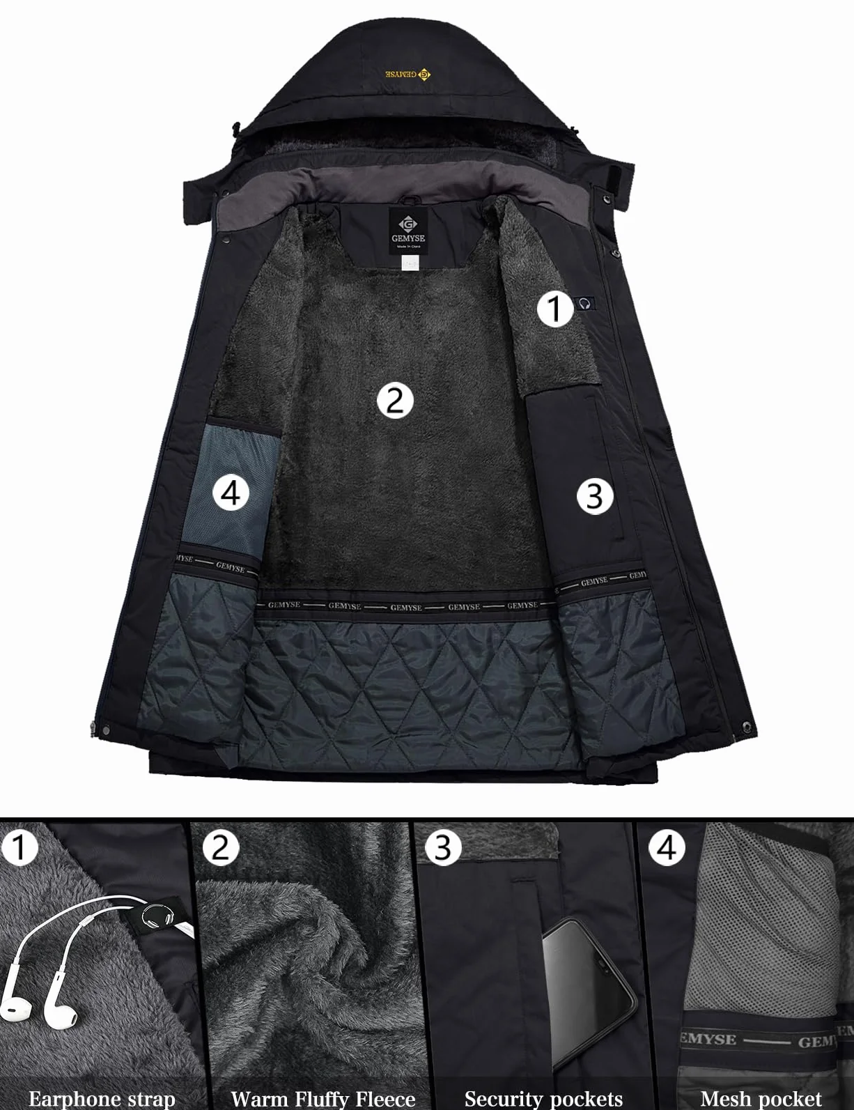 GEMYSE Chaqueta de Esquí Impermeable Hombre Abrigo Invierno Aire Libre Capucha