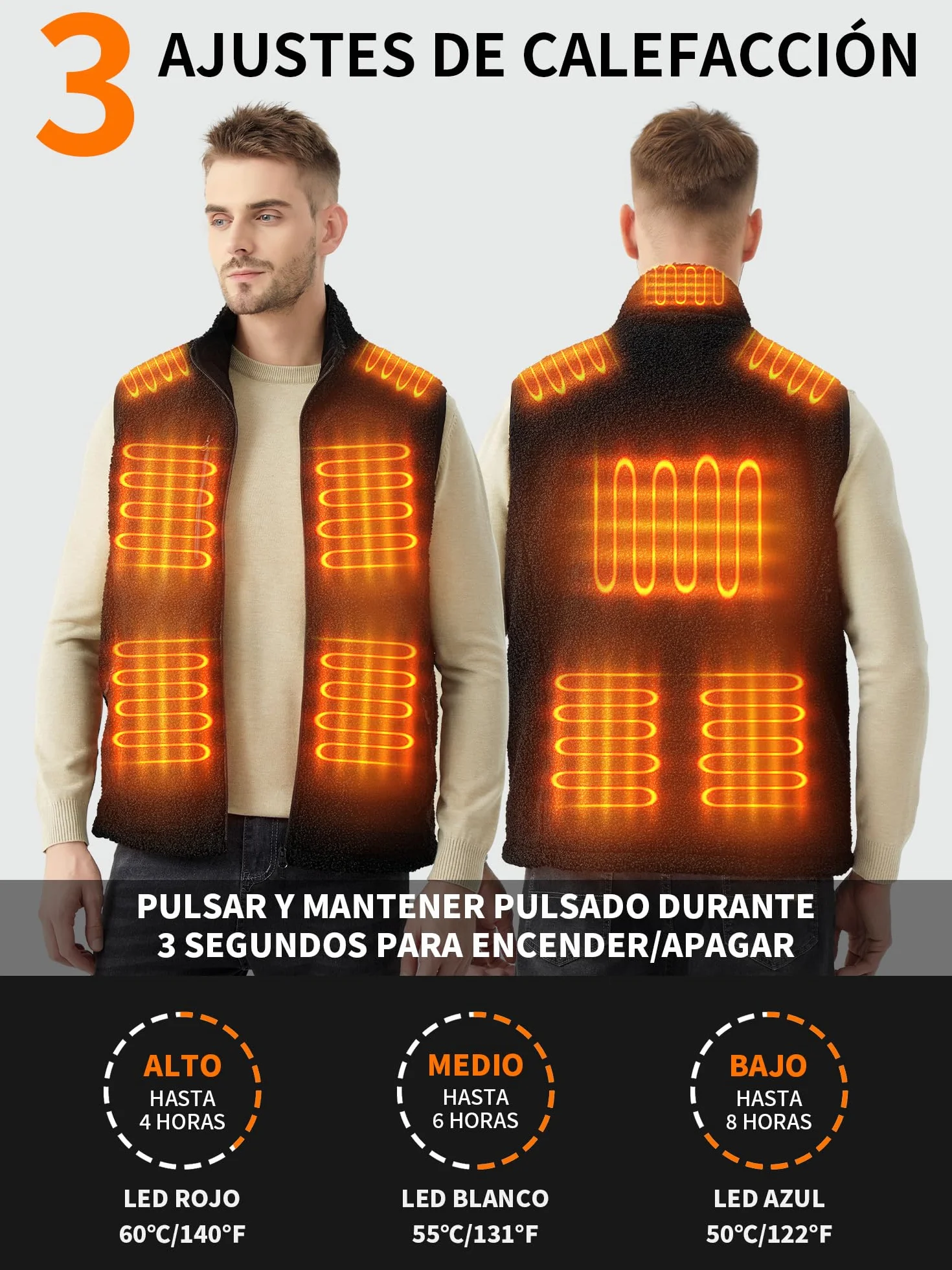 Chaleco de forro polar con batería recargable 18400 mAh 10 zonas calor 3 modos calentamiento