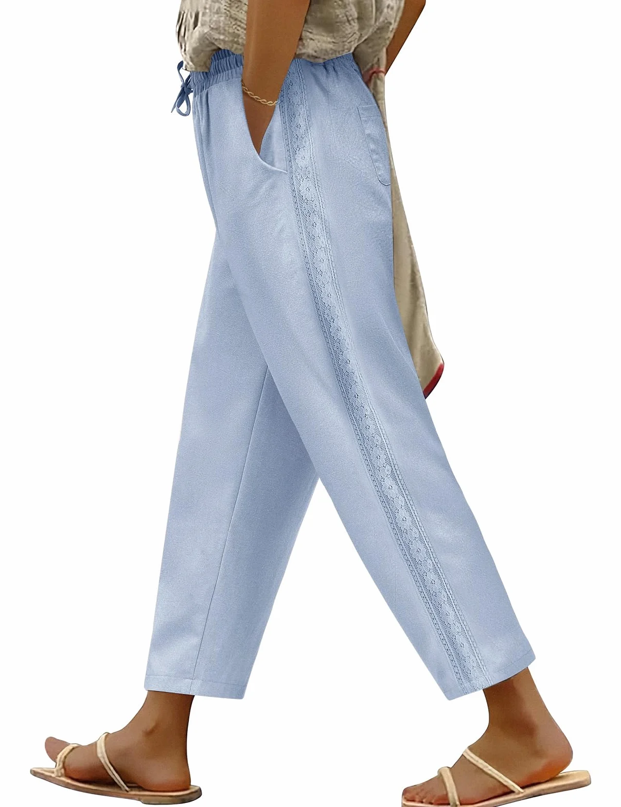 Pantalones Mujer Verano 7/8 Algodón Cintura Alta Casual con Bolsillos
