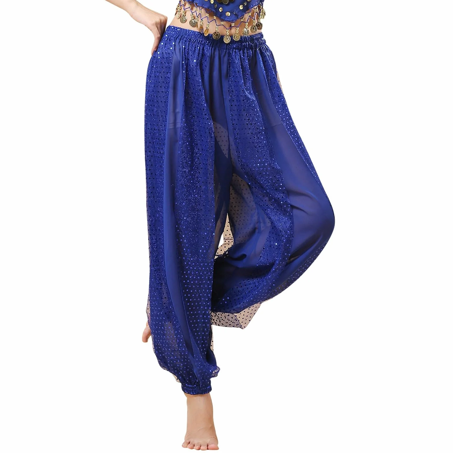 Pantalones Bombachos Danza del Vientre Árabes Tribales Gasa Mujer Suelto Brillante Lentejuelas