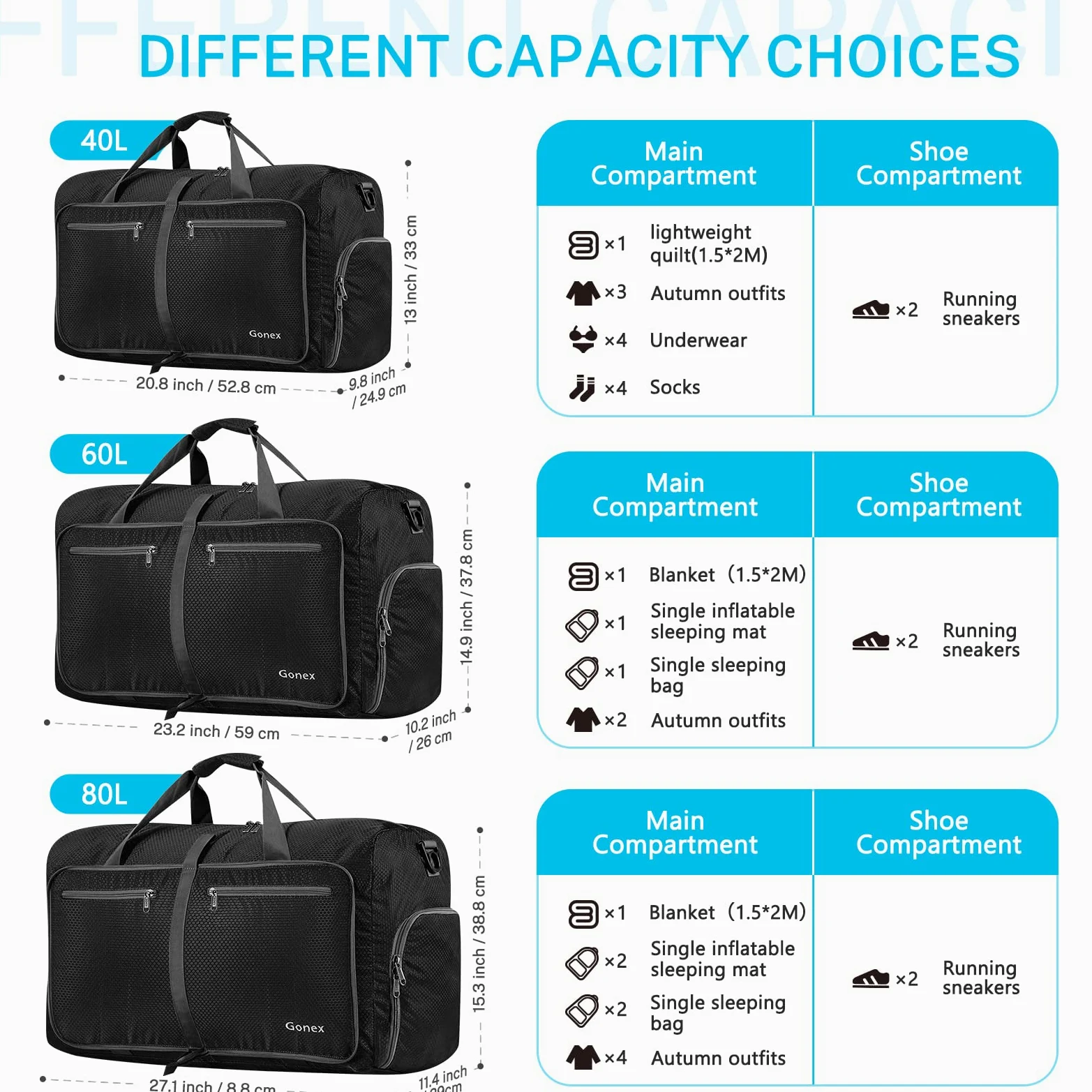 Bolsa de viaje Gonex ligera, plegable 60L / 80L / 100L, bolsas Duffel, bolsas para el fin de semana/bolsa de deporte para viajes, deportes, gimnasio, vacaciones, color gris, tamaño 80L | 210D - Cinta de nailon de nido de abeja, impermeable, varios compart