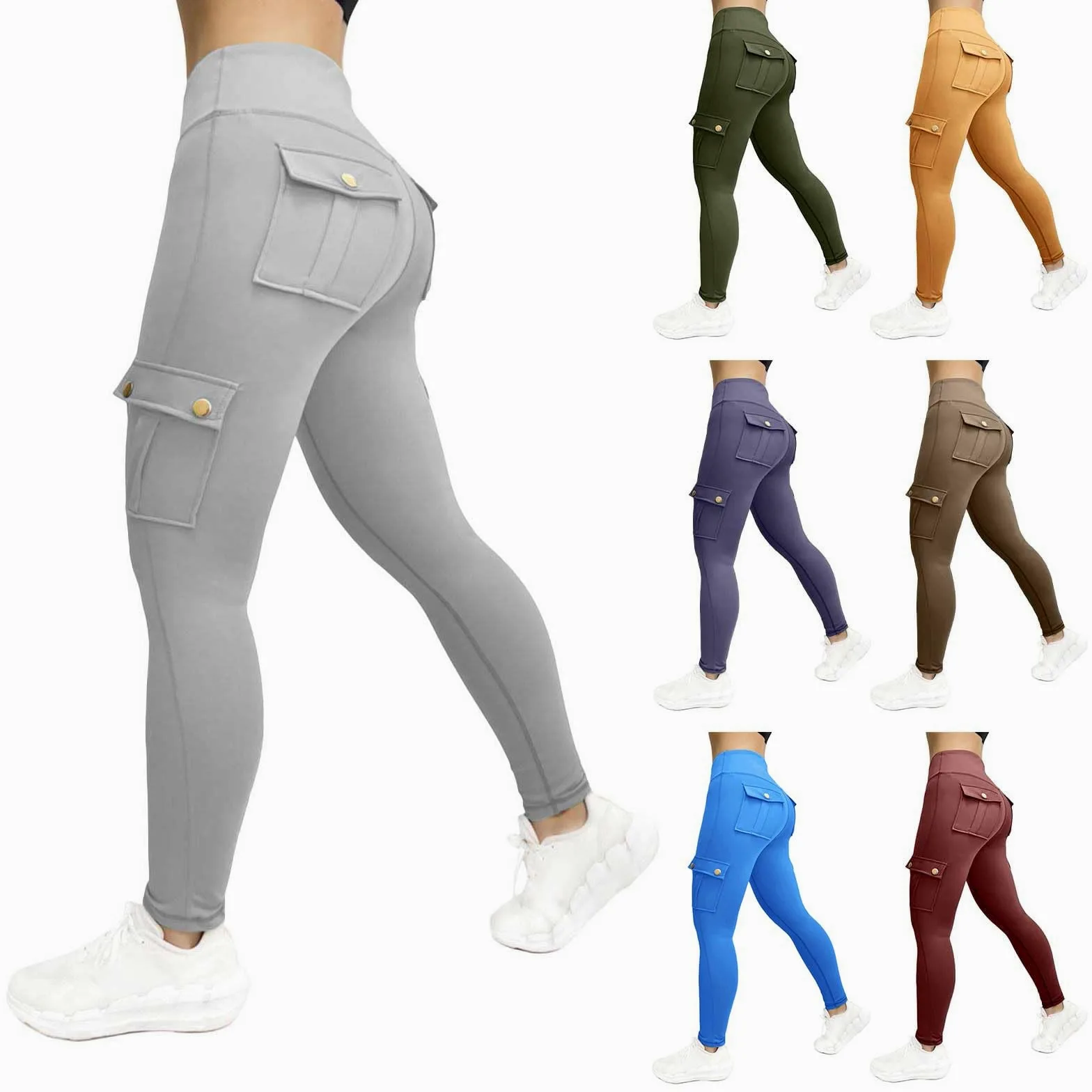 Pantalones de chándal para mujer, cintura alta, push up, leggings para | Mallas deportivas con bolsillos con detalles de botones, pantalones de yoga, mallas elásticas, pantalones de fitness con