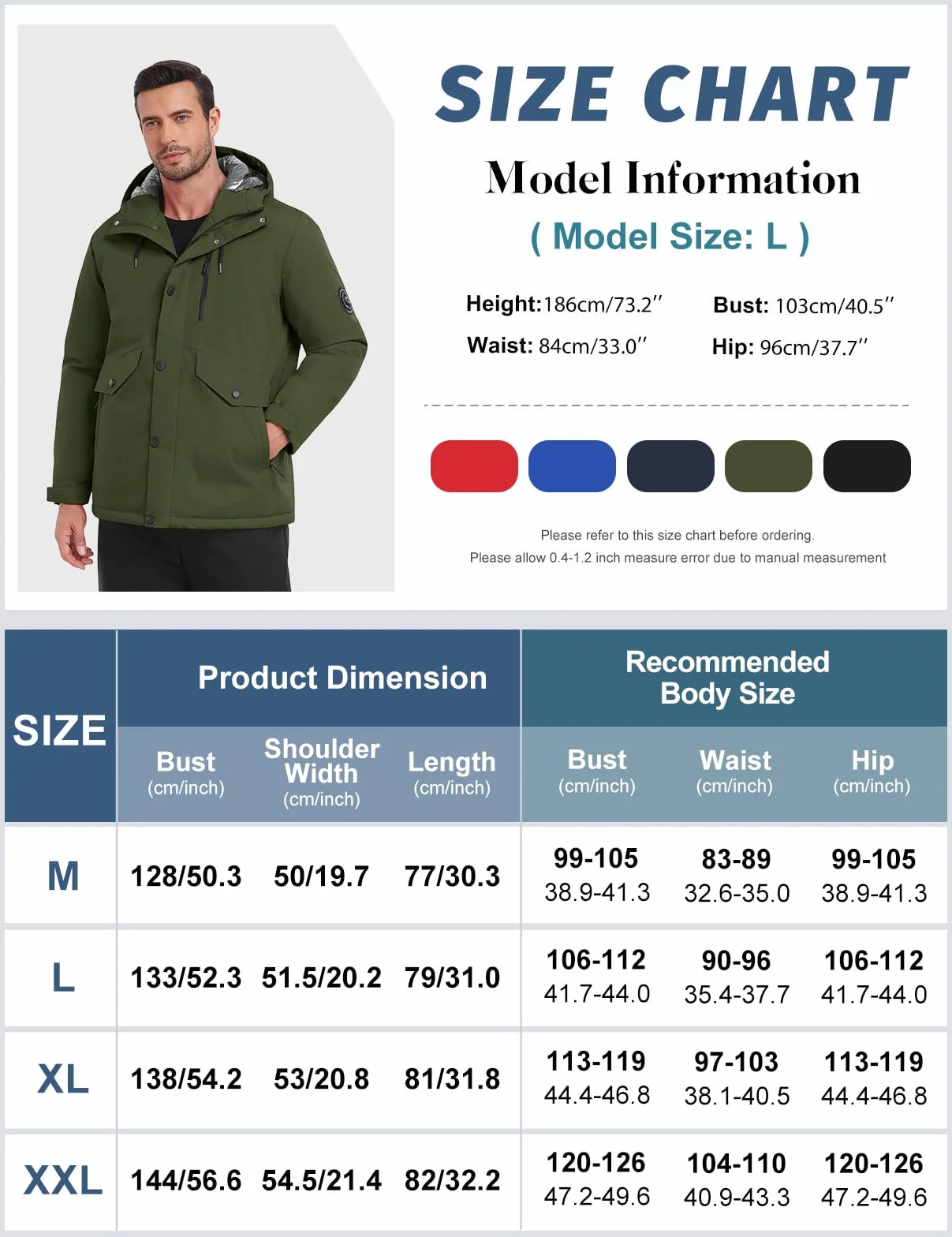 Voqeen Chaqueta de Esqui Hombre Impermeable Cazadora Cálida Aire Libre Térmica Capucha Desmontable Antiviento