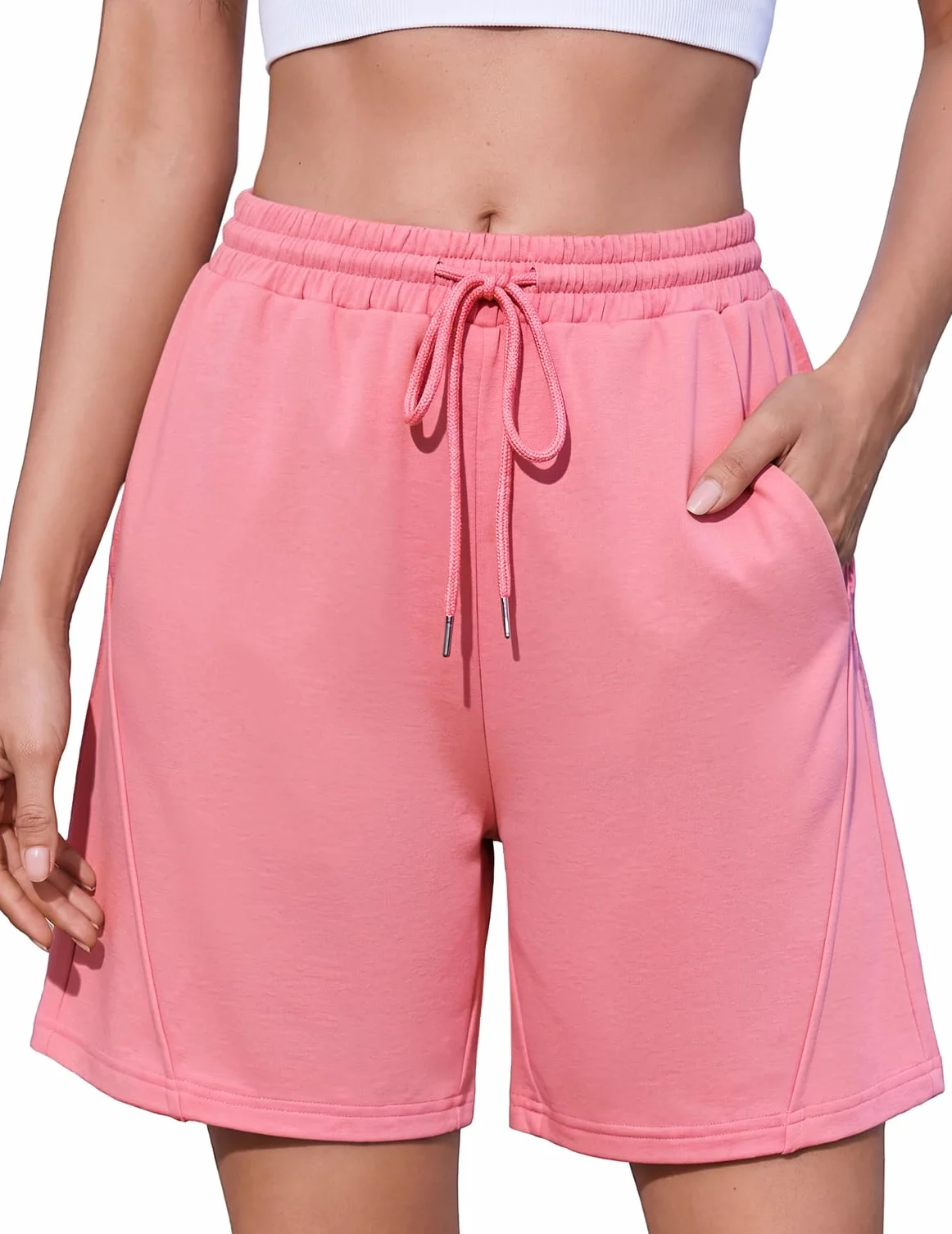 Litherday Pantalones Cortos Mujer Algodón Cintura Alta Ajustable con Bolsillos Deportivos Fitness Yoga Running S-XXL