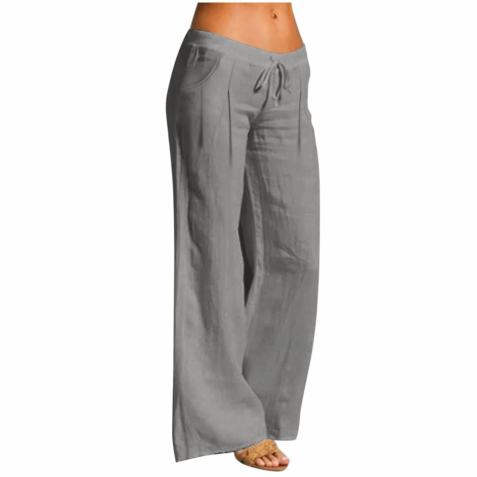 Pantalones de Lino Mujer Algodón Cintura Elástica Cordón Pierna Ancha Rectos Cómodos Transpirables Playa