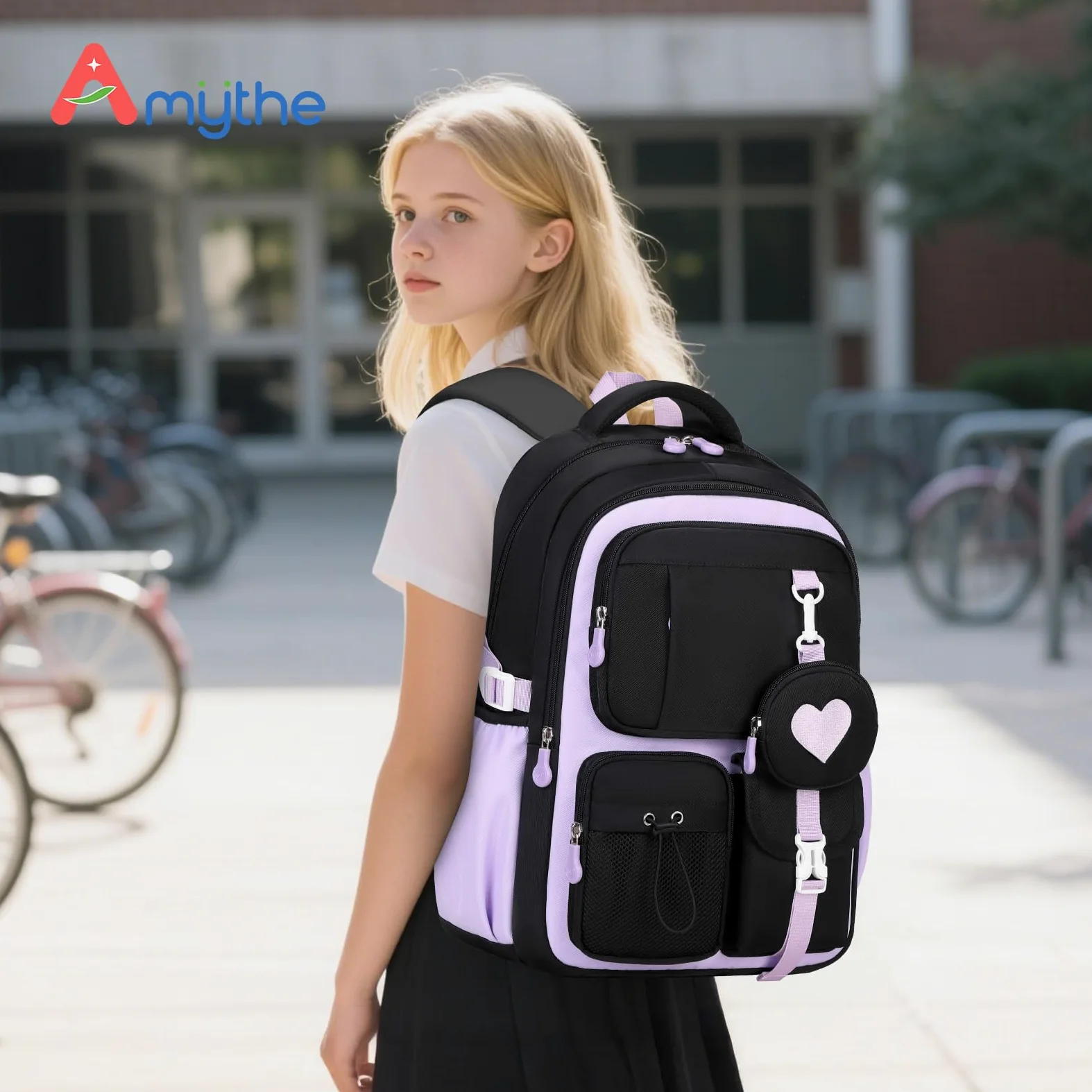 Amythe Mochila Escolar para Niñas Primaria con Bolsa de Monedas, Negro | Mochila Colegio para Chicas 8 a 12 años, Mochilas Grande para Portátil 15.6", Bolso de Viaje Casual Ligera, Apta Carro