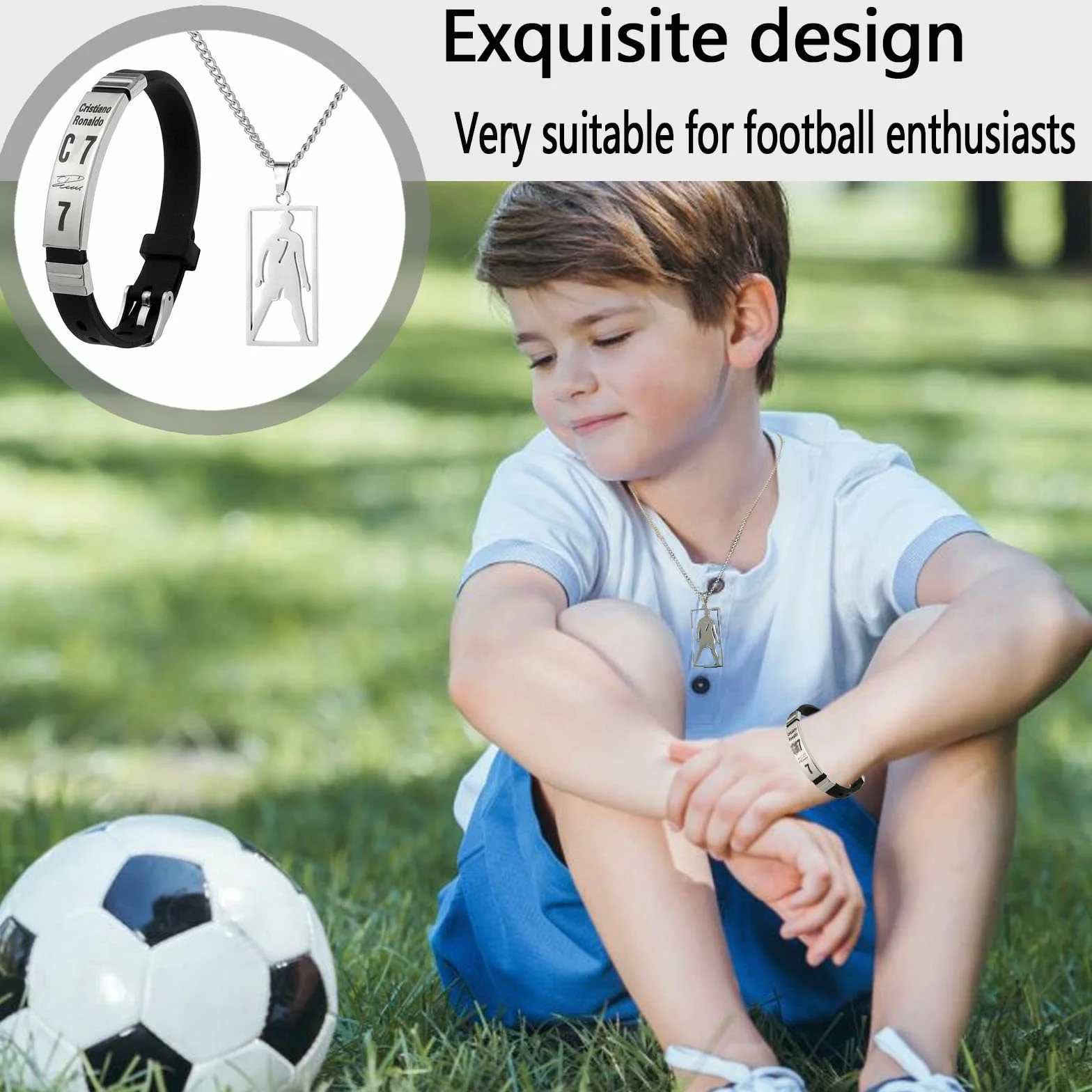 Juego de collar de fútbol de acero inoxidable ajustable y pulsera de silicona para hombres