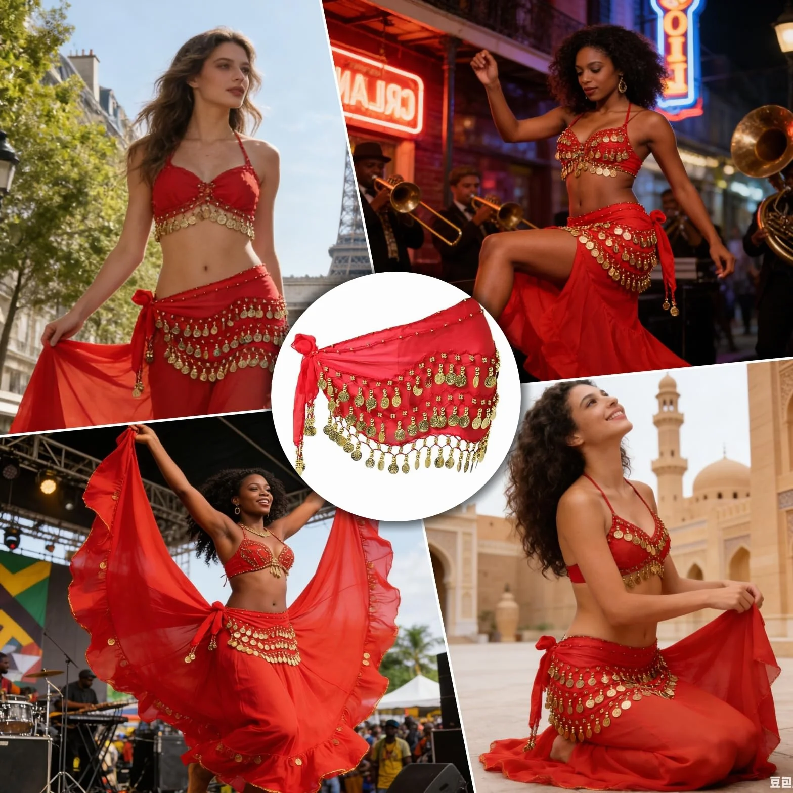 Cinturón Danza del Vientre Mujer con 90+ Monedas Falda Bufanda Baile Oriental 140 cm