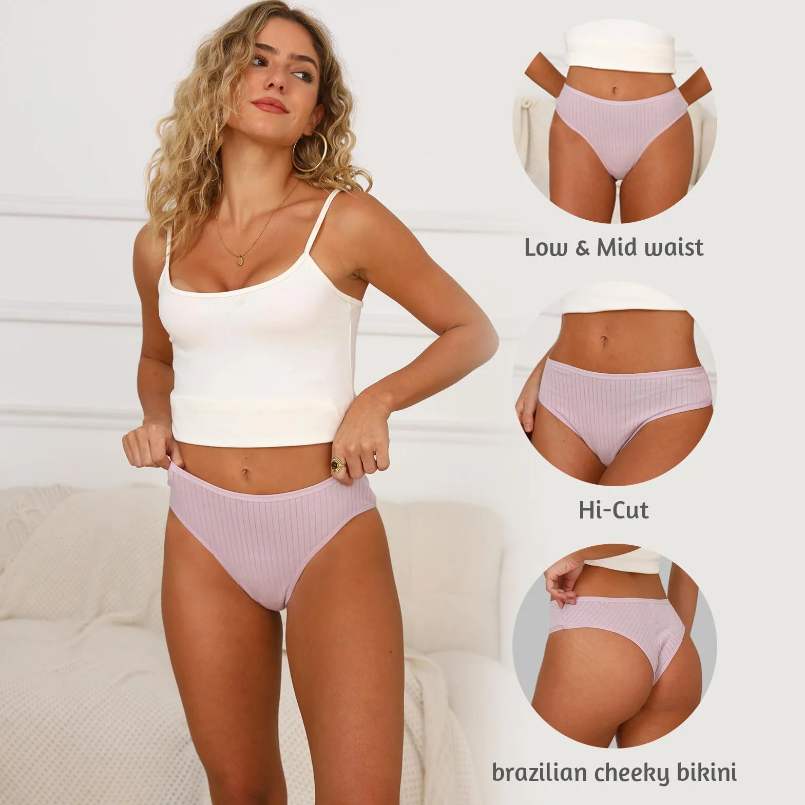 Mujer Tangas Algodón Bikini Cintura Alta Transpirable Brasileña 6UDS