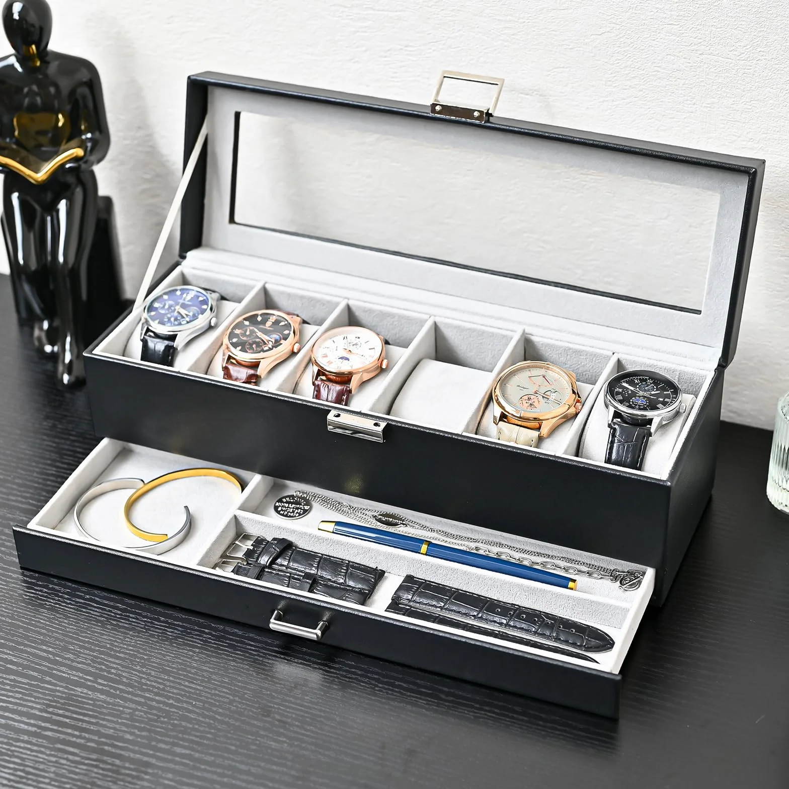 ProCase Caja de Relojes 6 Ranuras Cajón 2 Capas Tapa de Cristal Estuche Almacenamiento Negro