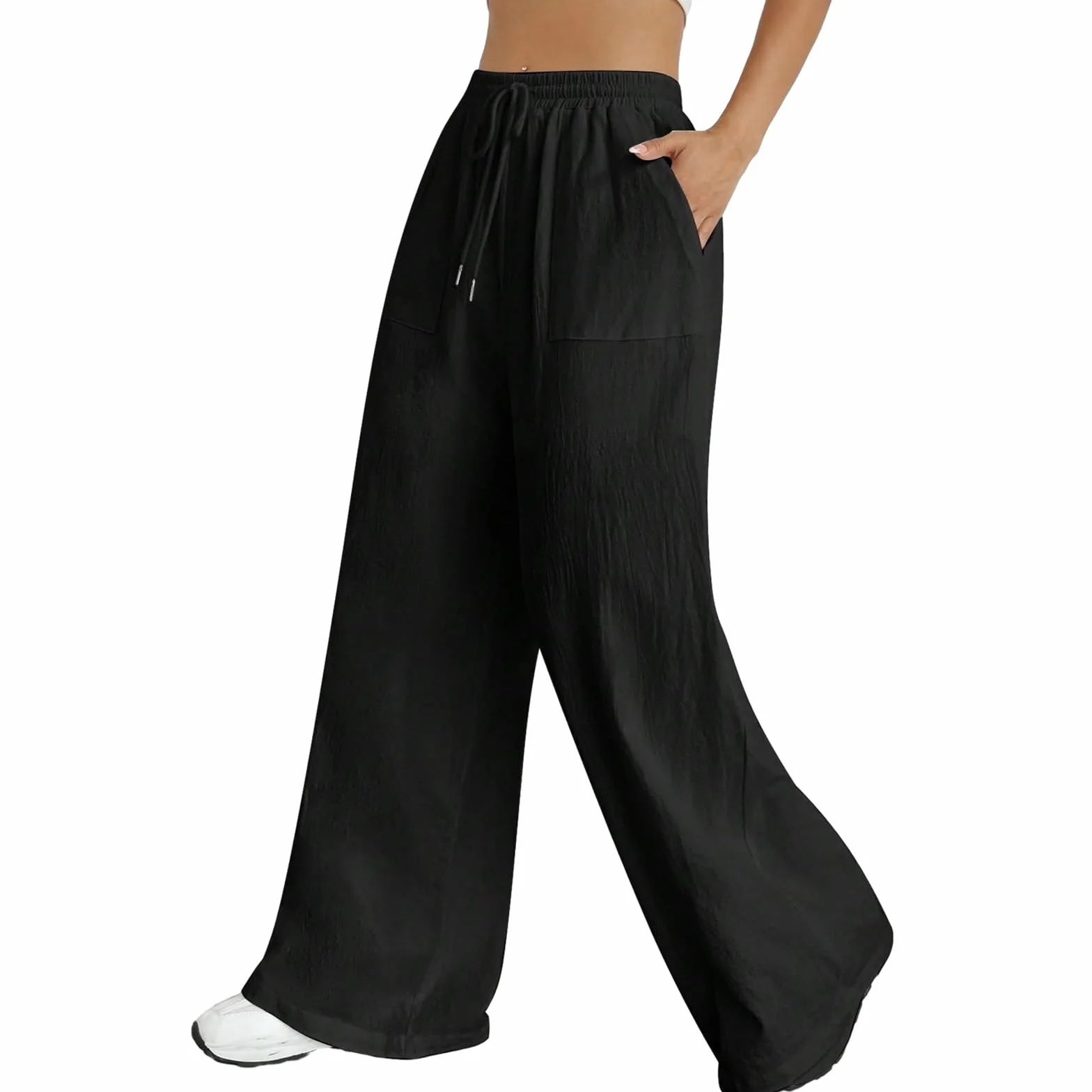 Nuofengkudu Verano Pantalones Mujer Anchos Bolsillos Cordón Ajustable Cintura Alta Ligeros Transpirables Largo Pantalon Pijama Yoga Pants