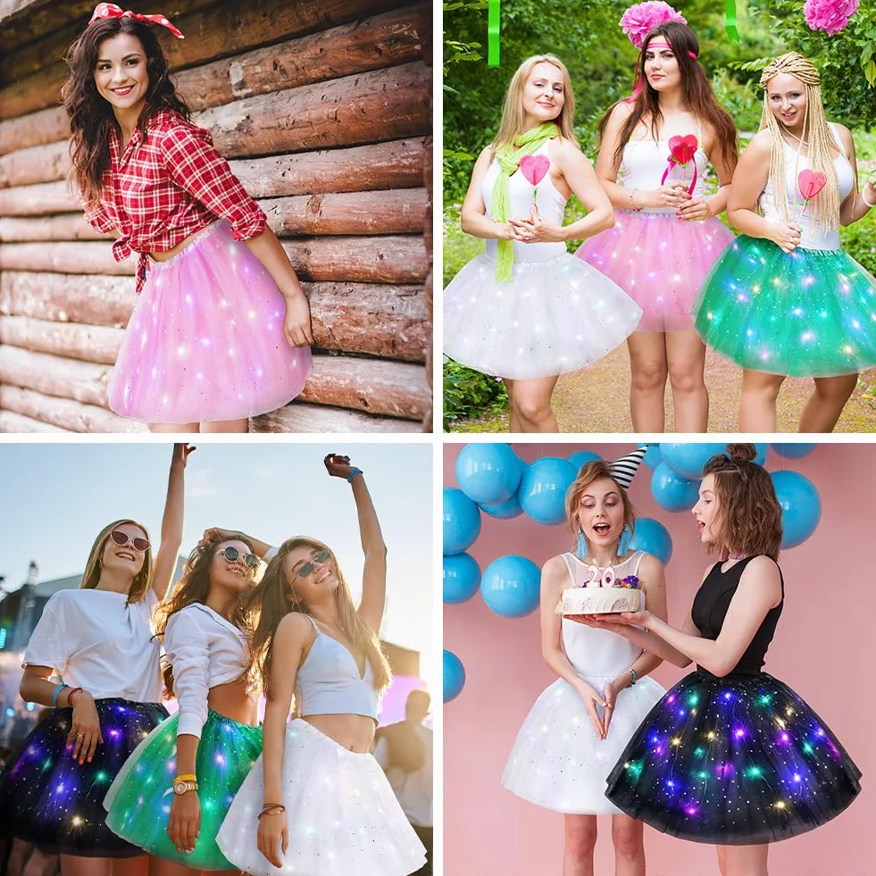 Falda Tutú LED para Mujer con Luz, Tul Adultos, Disfraz Halloween Carnaval, Rosa