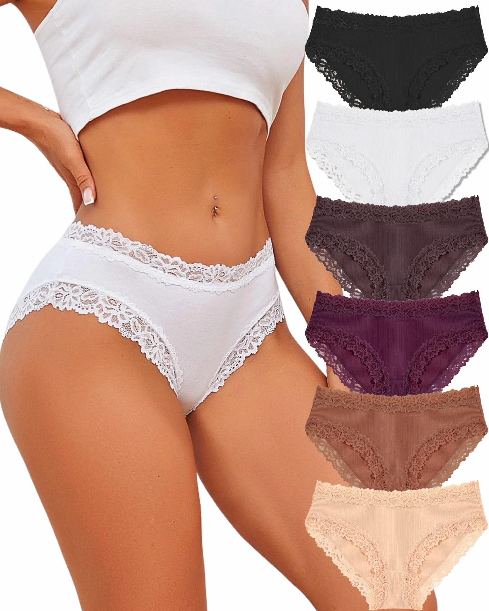 Pack de 6 Braguitas de algodón con Encaje para Mujer