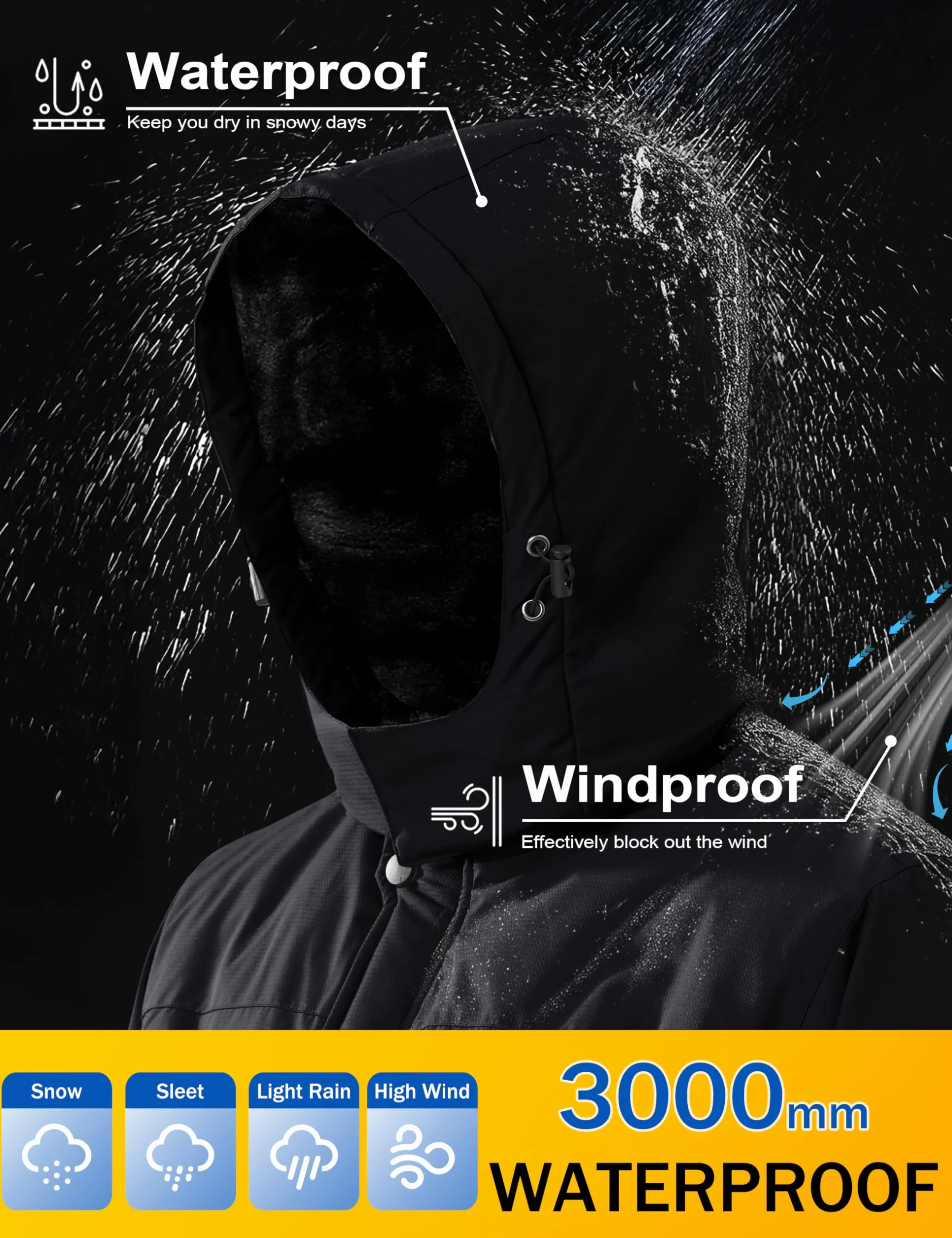 MAGCOMSEN Chaqueta de esquí impermeable Parka cortaviento con capucha