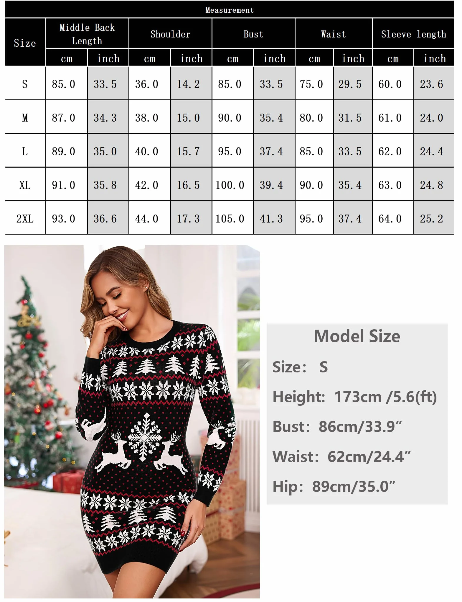 Vestido Navidad Mujer Suéter Largo con Renos y Copos de Nieve Jersey Navideño S-XXL