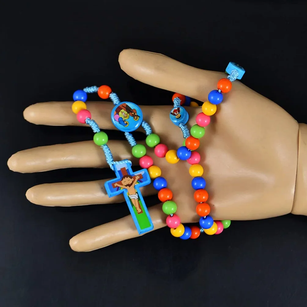 Kimu Collar de rosario con colgante de cruz de Jesús, joyería religiosa para niños y niñas, 8mm, Madera, Perla