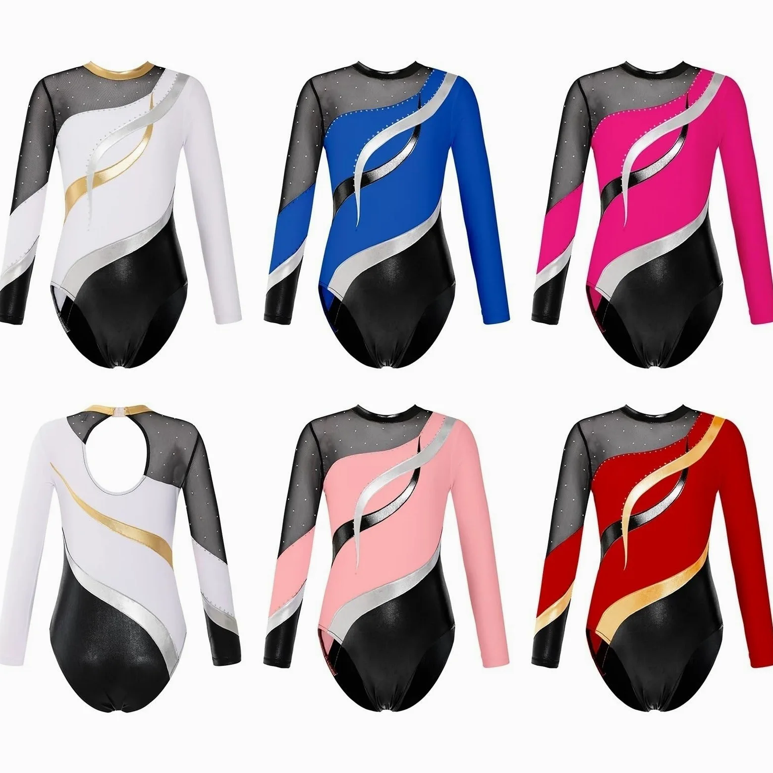 Maillot Gimnasia Ritmica niña Mallas de Baile de Ballet, Mono de Gimnasia for niñas, Mono de Patinaje de Retazos de Manga Larga, Ropa de Baile