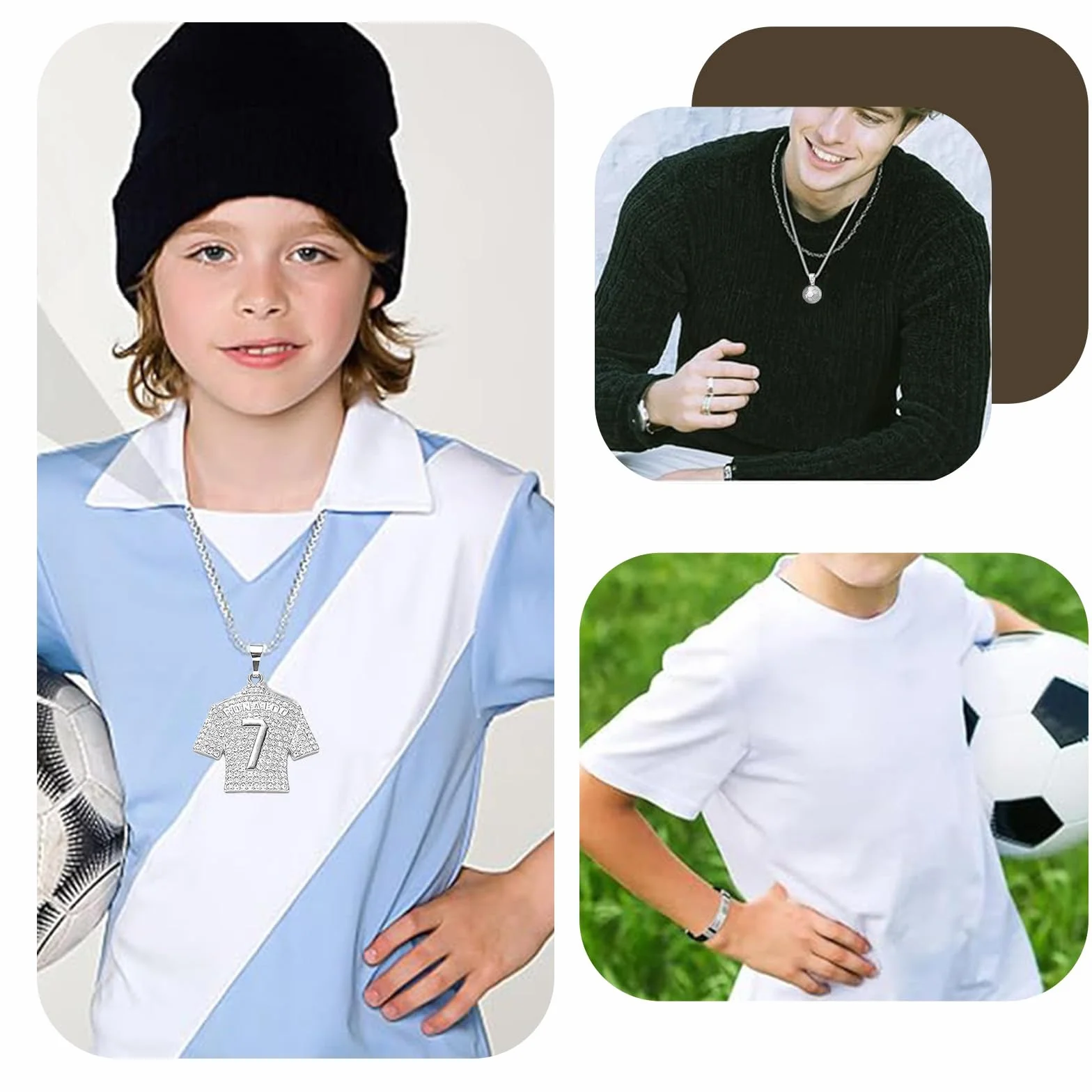 Collar de Fútbol Número 7 Ajustable Plata para Niños - Pulsera de Fútbol Regalo