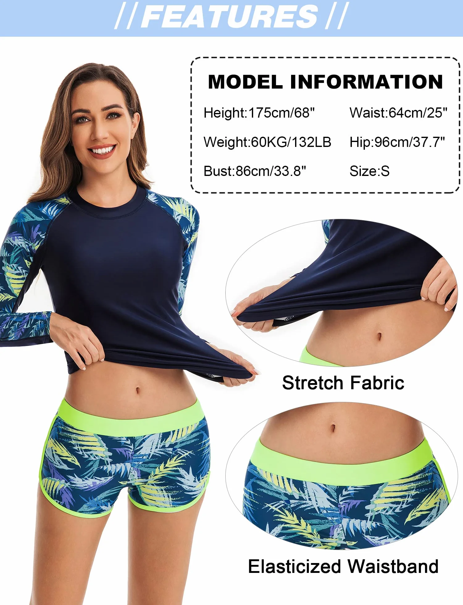 SEAUR Traje de baño floral de dos piezas para mujer, camisa de manga larga con cremallera completa, traje de surf con parte inferior corta
