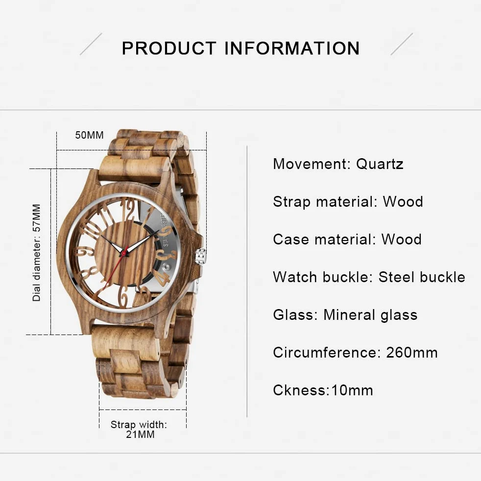 Relojes de madera para hombre, ébano, cebra, madera, cuarzo, cierre plegable, correa de madera, relojes de madera para hombre