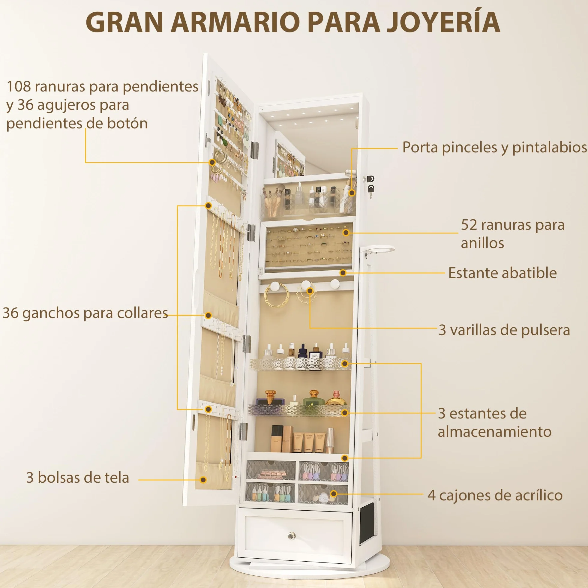 HOMCOM Armario Joyero de Pie con Luces LED, Espejo Cuero Entero, Soporte para Secador, Giratorio 360°, Cajón, Cerradura, Blanco y Beige