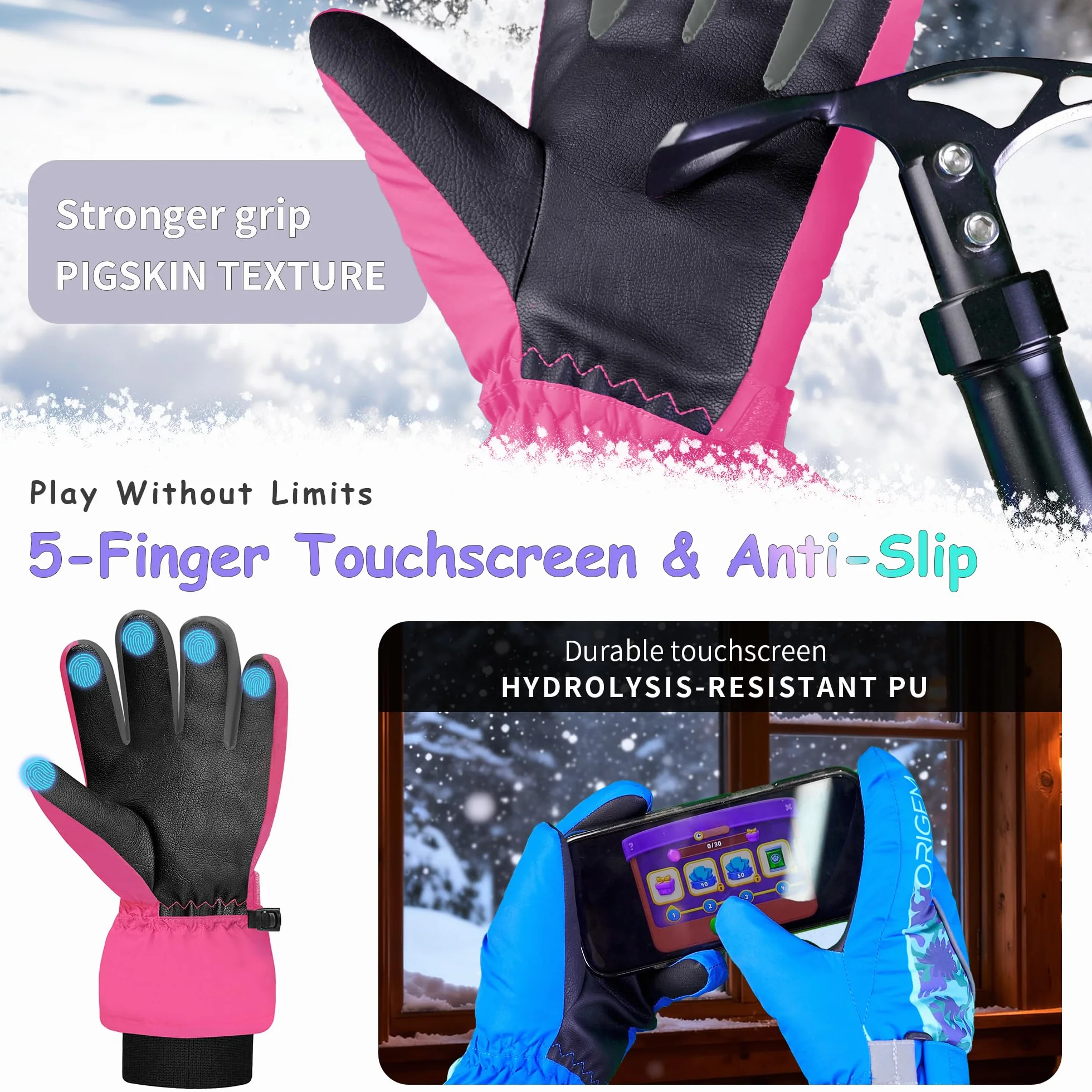 Origem Guantes de Esquí Impermeables Térmicos para Niños 4-14 Años Nieve Trineo Snowboard Patinaje