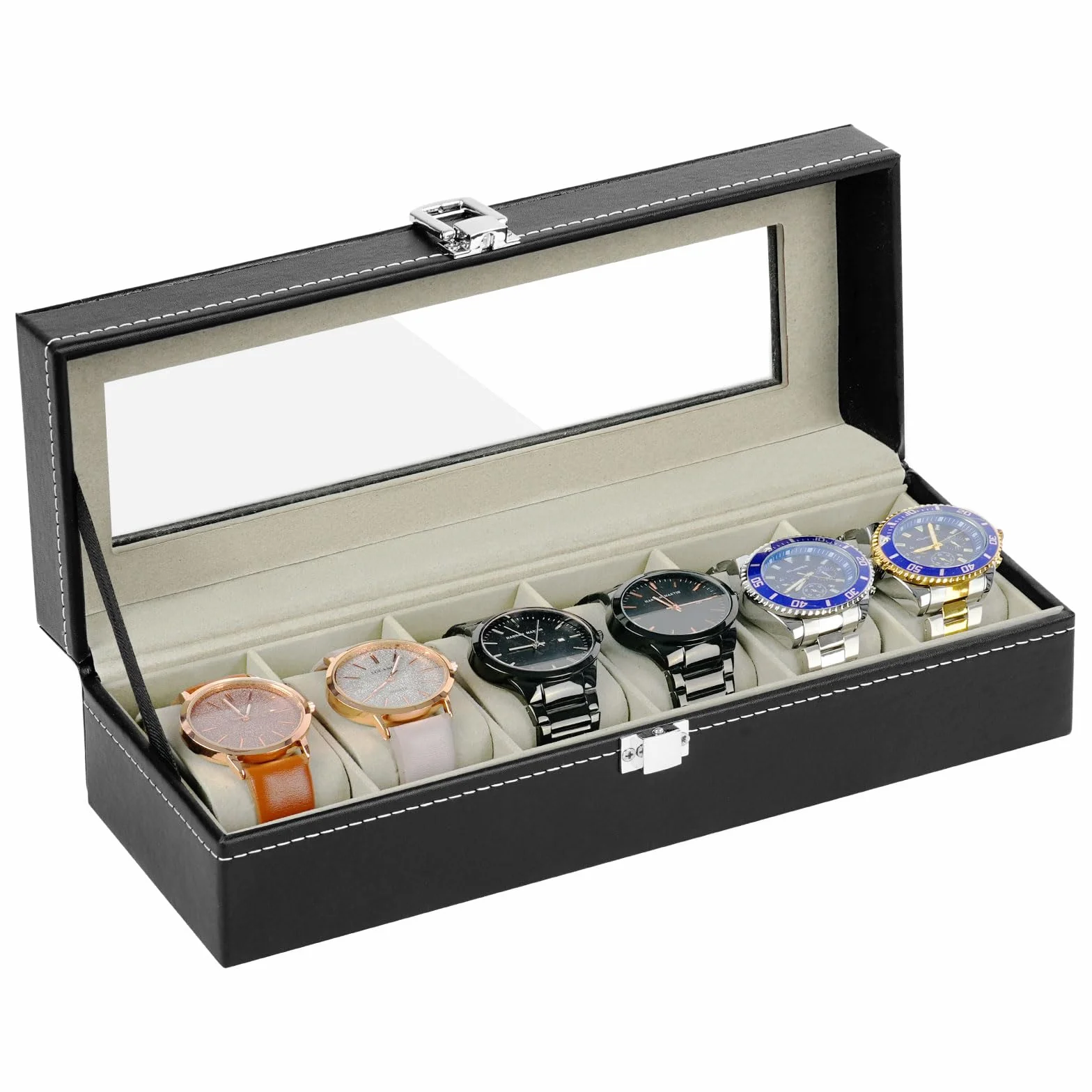 OFFCUP Caja de Relojes con 6 Compartimentos, Piel, Tapa de Cristal y Cojín Extraíble, Regalo para Hombres y Mujeres (Negra)