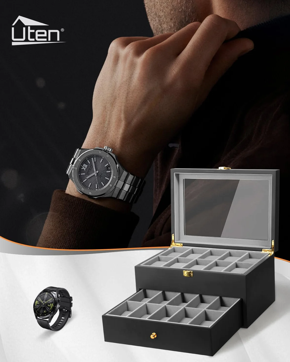 Uten Estuche para Relojes de Madera 2 Capas 20 Compartimentos Joyero