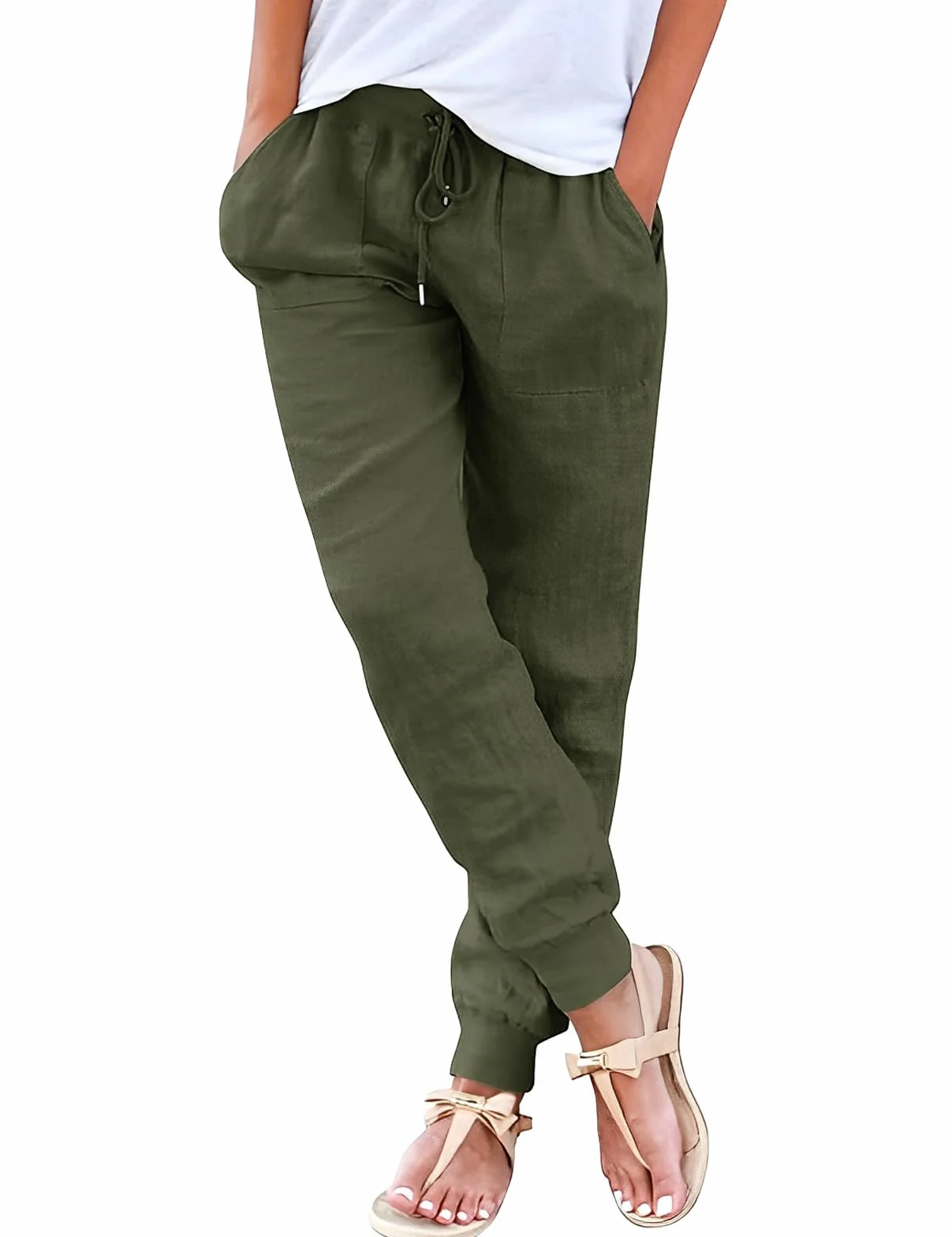 Yuson Pantalones Mujer Verano Lino Palazzo Cintura Alta Rectos Cómodos Bolsillos Cordón