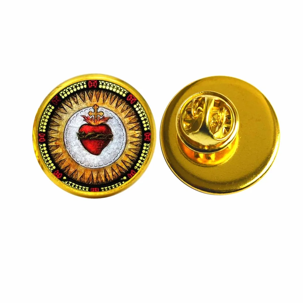 Broche de corazón sagrado con foto artística de Jesús, joyería cristiana hecha a mano PU163 dorado