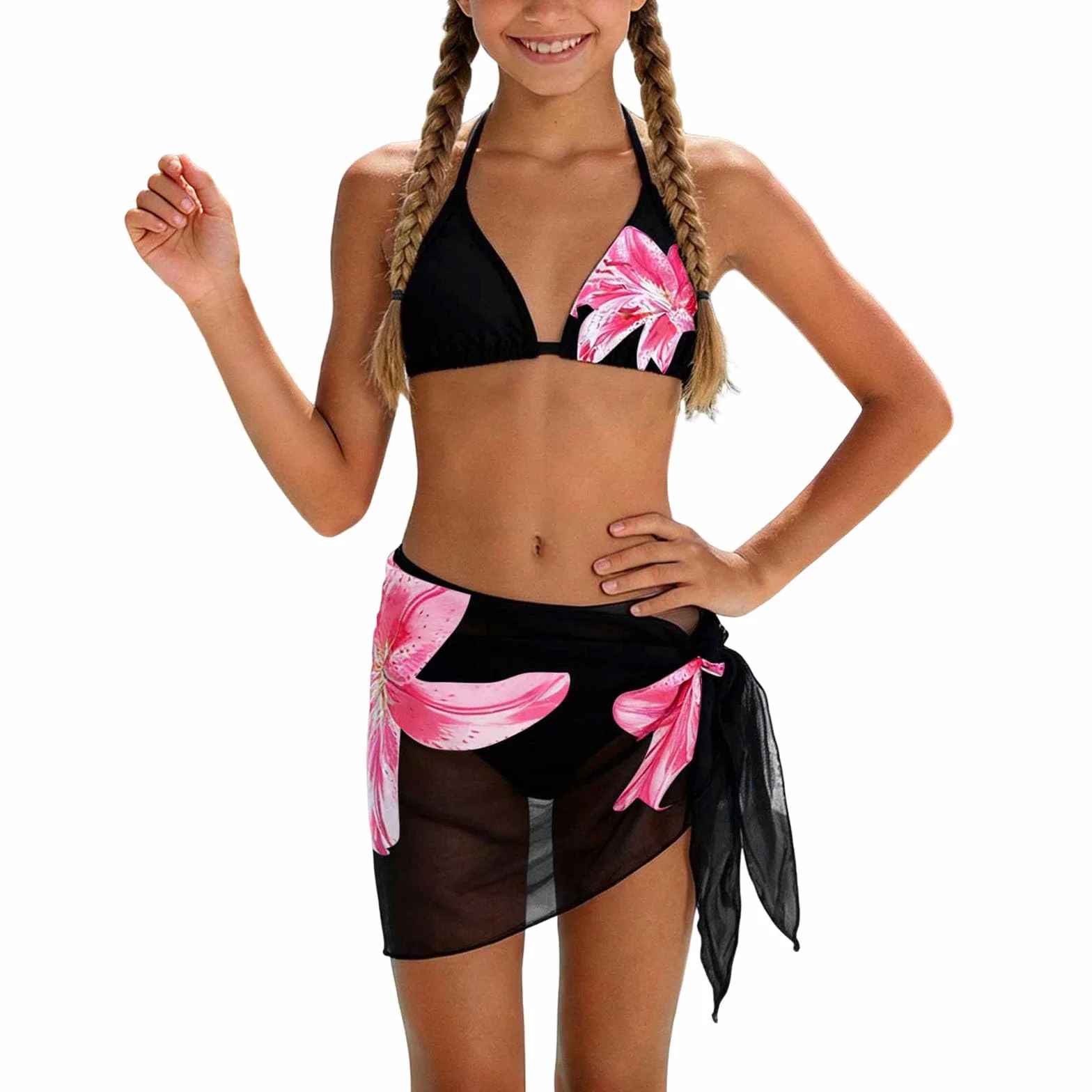 Bikini Niña 3 Piezas con Falda Sarong Bañador Infantil Traje de Baño Verano 7-16 Años