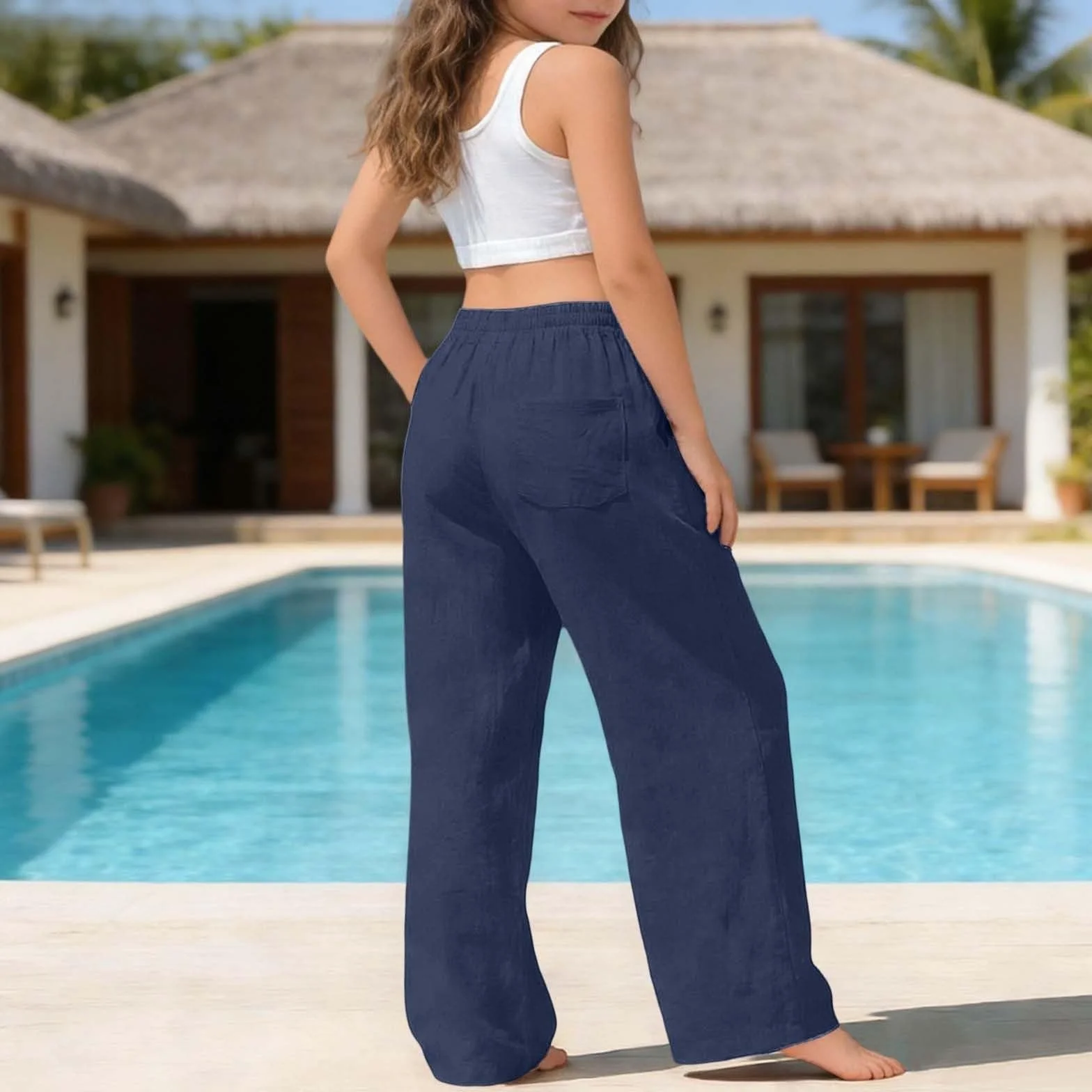 Pantalones de Verano Niña Casuales Largos Elásticos con Bolsillos Algodón y Lino Holgados Pierna Ancha para Adolescentes