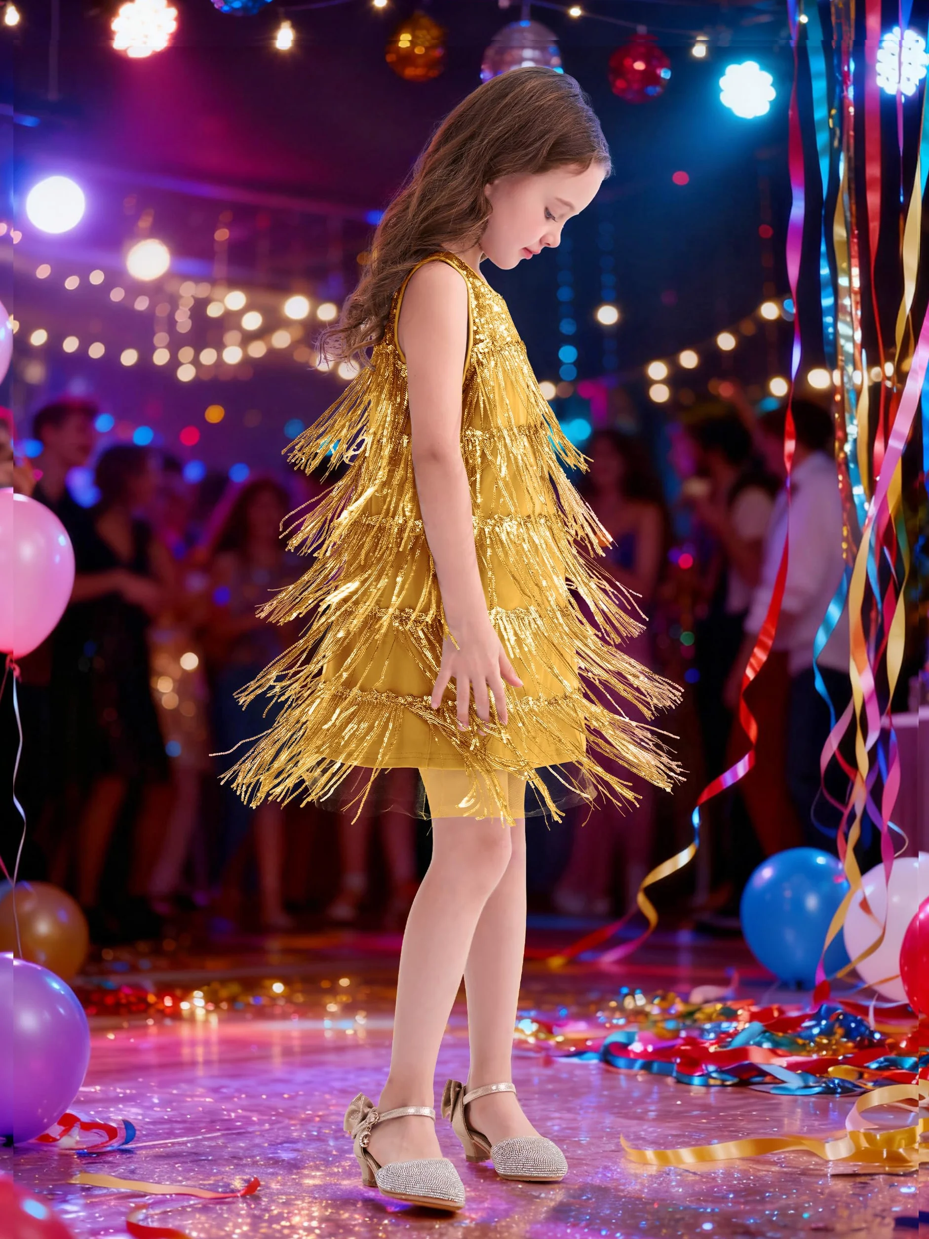 Vestido con Lentejuelas y Borlas para Niñas, Brillantes Carnaval Vestido con Pailletas Sin Mangas Vintage 20's Flapper de Fiesta