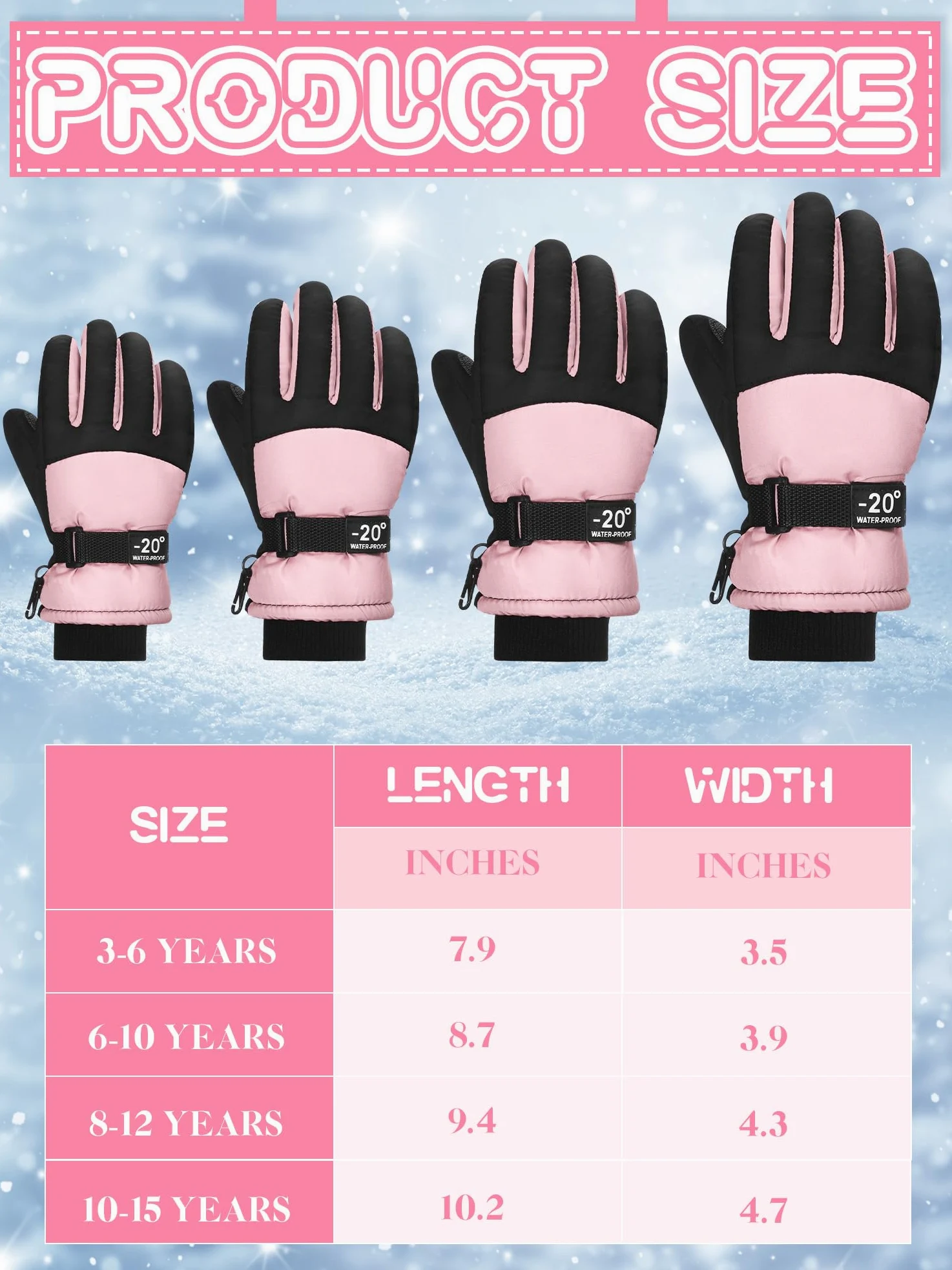 Bencailor 3 pares de guantes de invierno para niños, impermeables, para nieve, esquí, cálidos, resistentes al viento, guantes ajustables para niños y niñas al aire libre