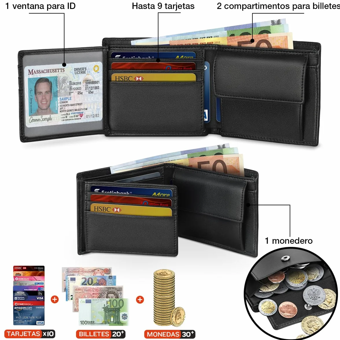 WONSEFOO Cartera Hombre Bifold Delgada con RFID 10 Ranuras Tarjetas Negro