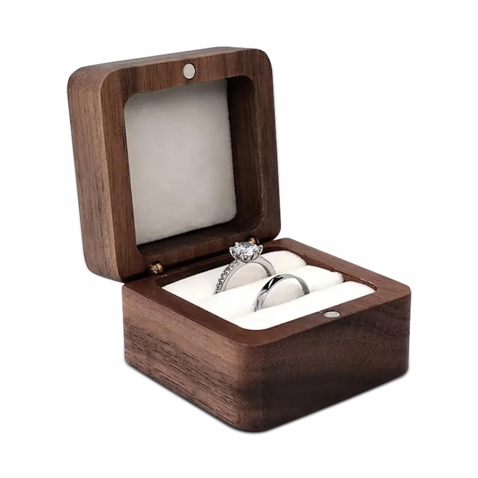 Caja Anillo de Madera Doble Ranura, Joyero Pequeño Cuadrada, Organizador Anillos de Boda (Blanco)