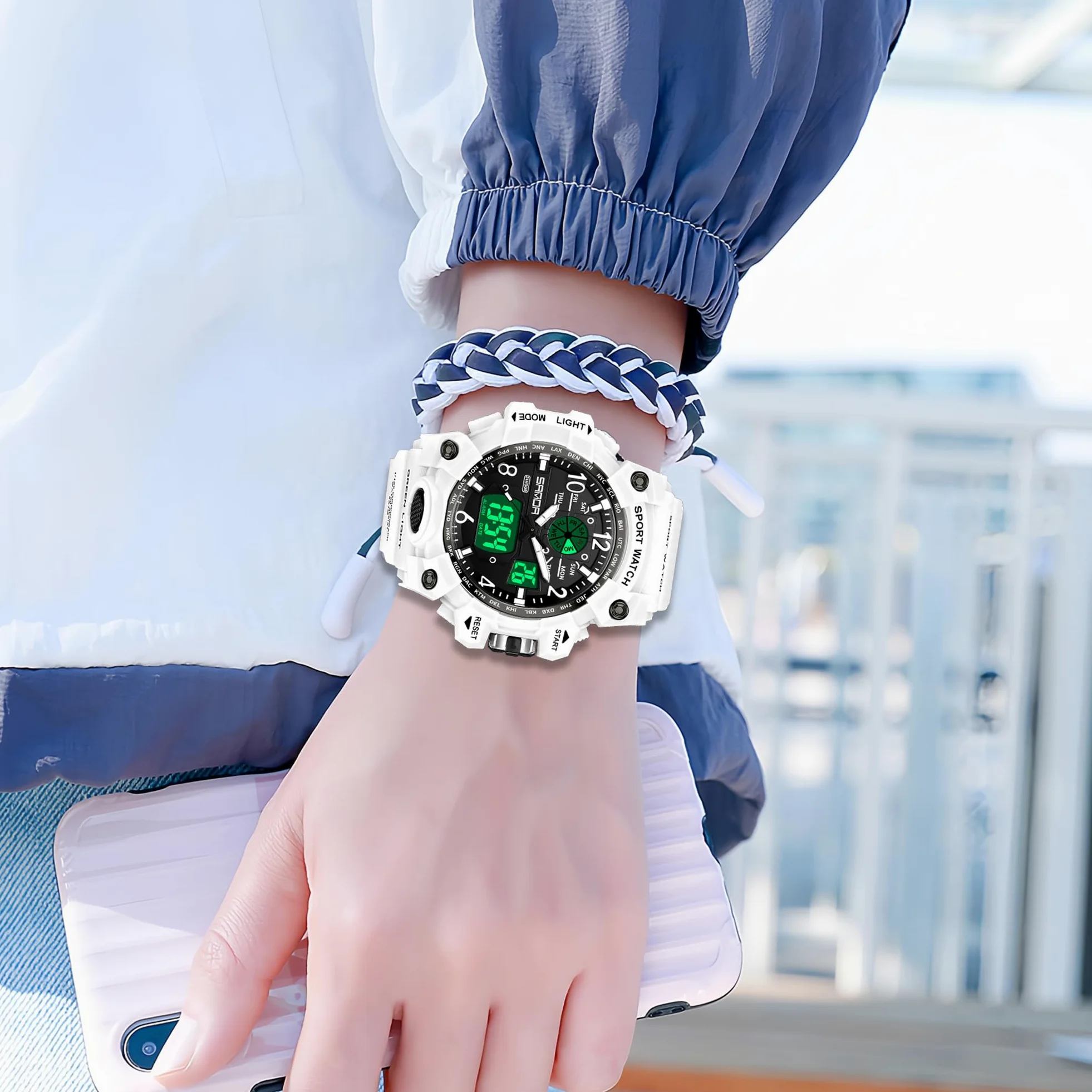 Gosasa Reloj deportivo digital para mujer, 5 ATM, resistente al agua, luz LED, esfera grande, analógico, multifuncional, reloj de pulsera con alarma, cronómetro, calendario, timbre por hora