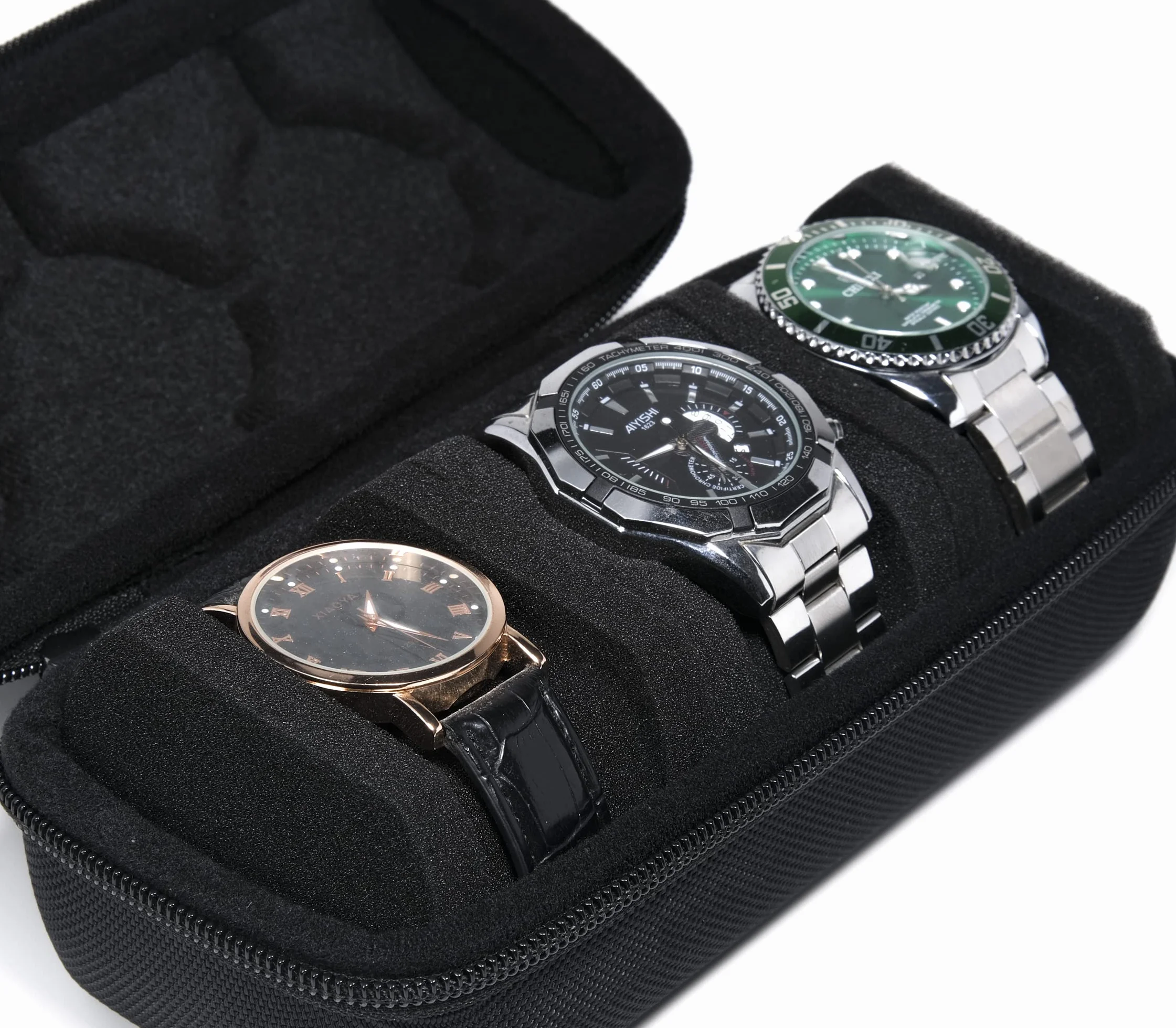 Estuche rígido de viaje para reloj de 3 ranuras, organizador con almohada antimovimiento, negro