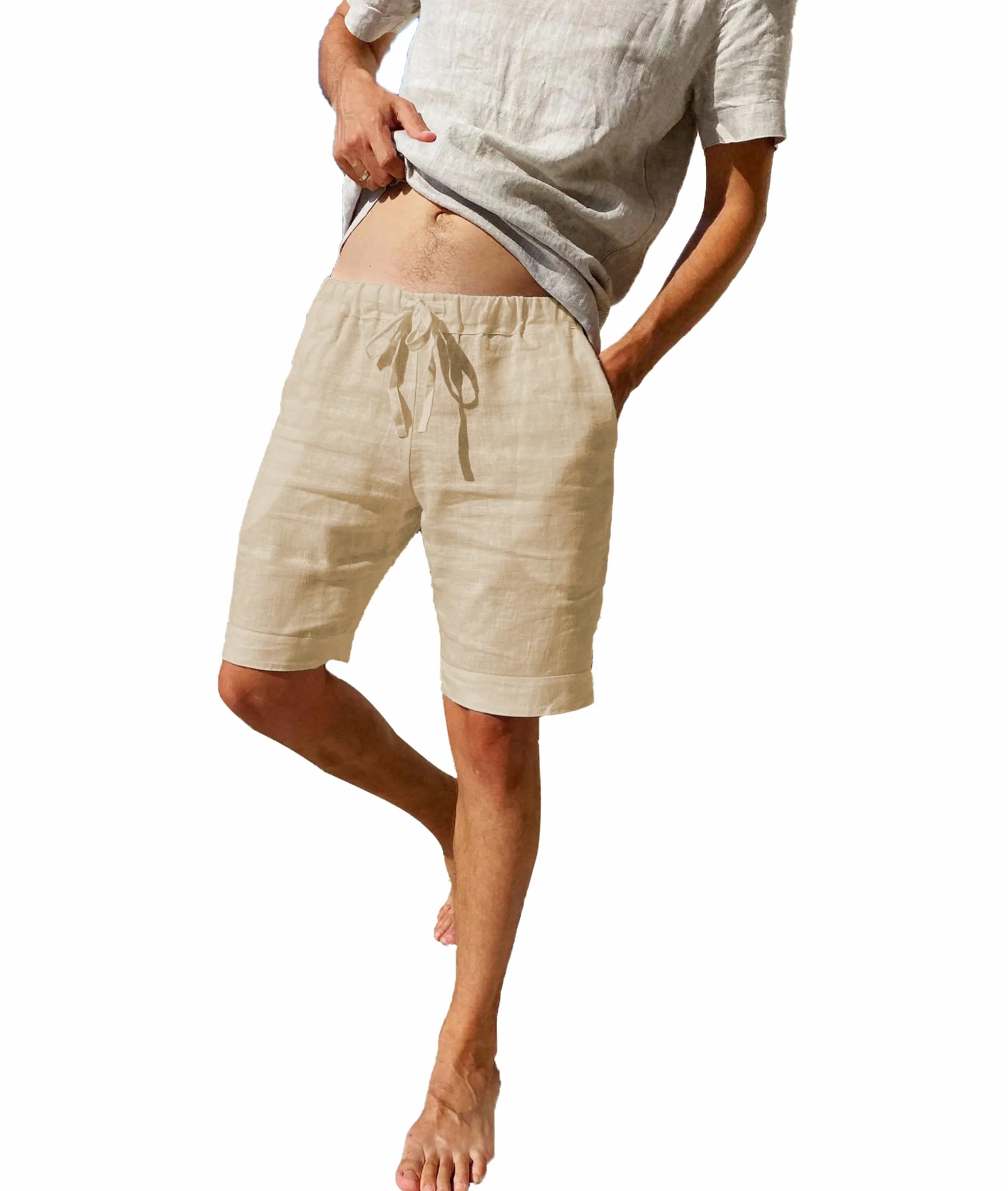 Pantalones Cortos de Lino para Hombre Cintura Elástica Bolsillos Verano
