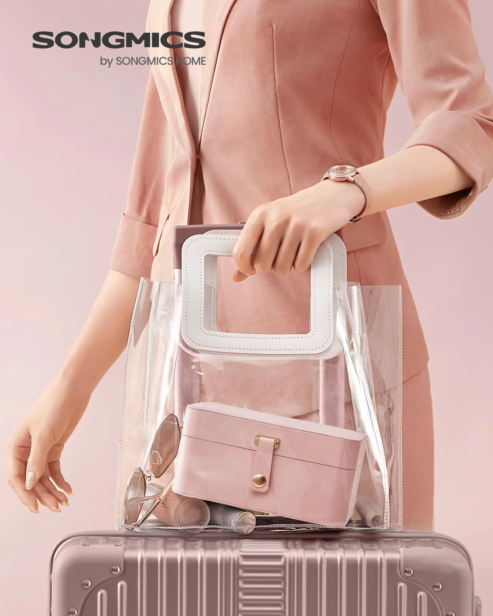 SONGMICS GISELLA Caja Joyero Viaje Pequeña 2 Niveles Portátil 11,6 x 16 x 7,5 cm Rosa Jalea