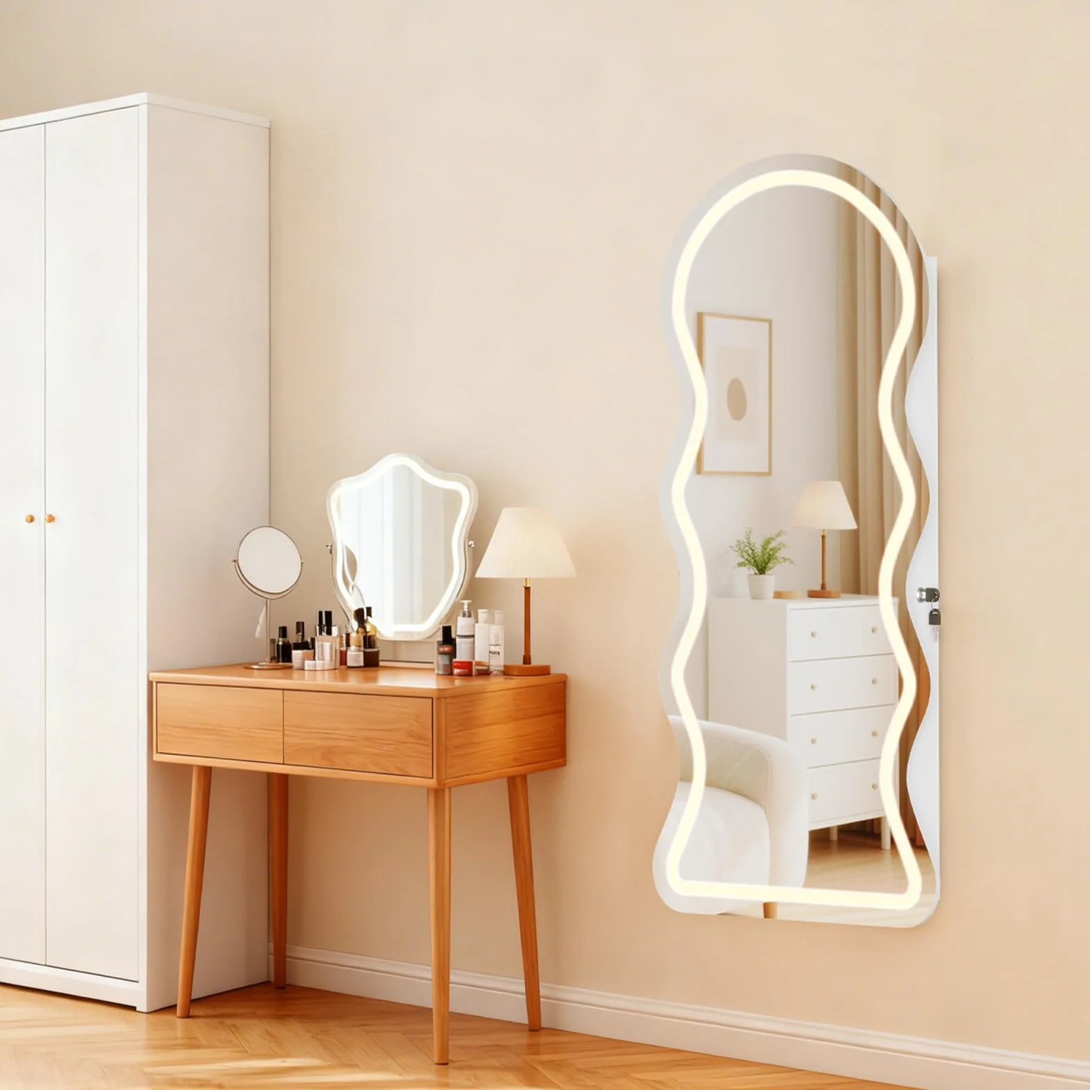 HOOBRO Armario Joyero de Pared con Iluminación LED y Espejo, Cerradura, Puerta Abatible, Blanco EWT08CDJC04